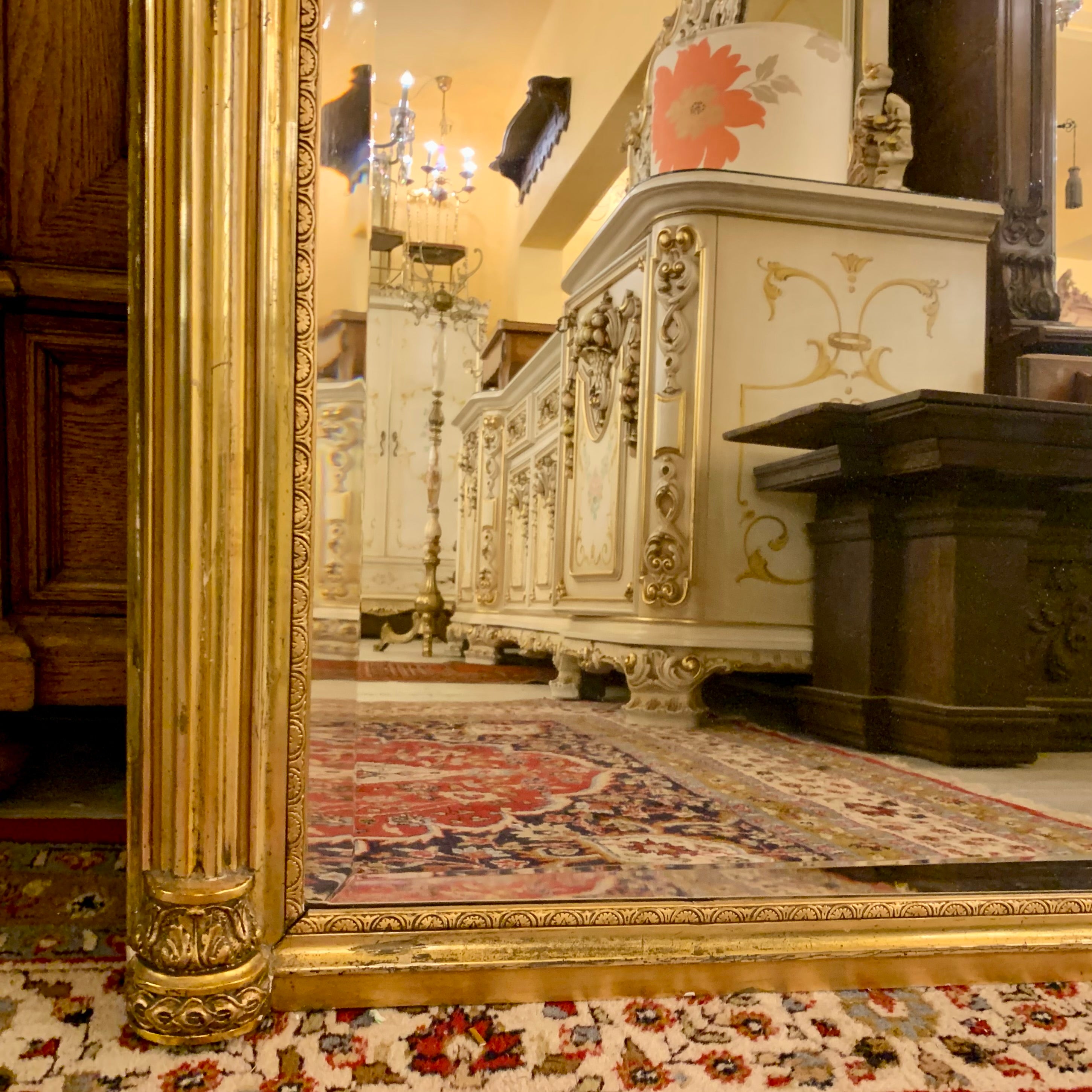 Antique Gilt & Bevelled Mirror with Intricate Carved Details