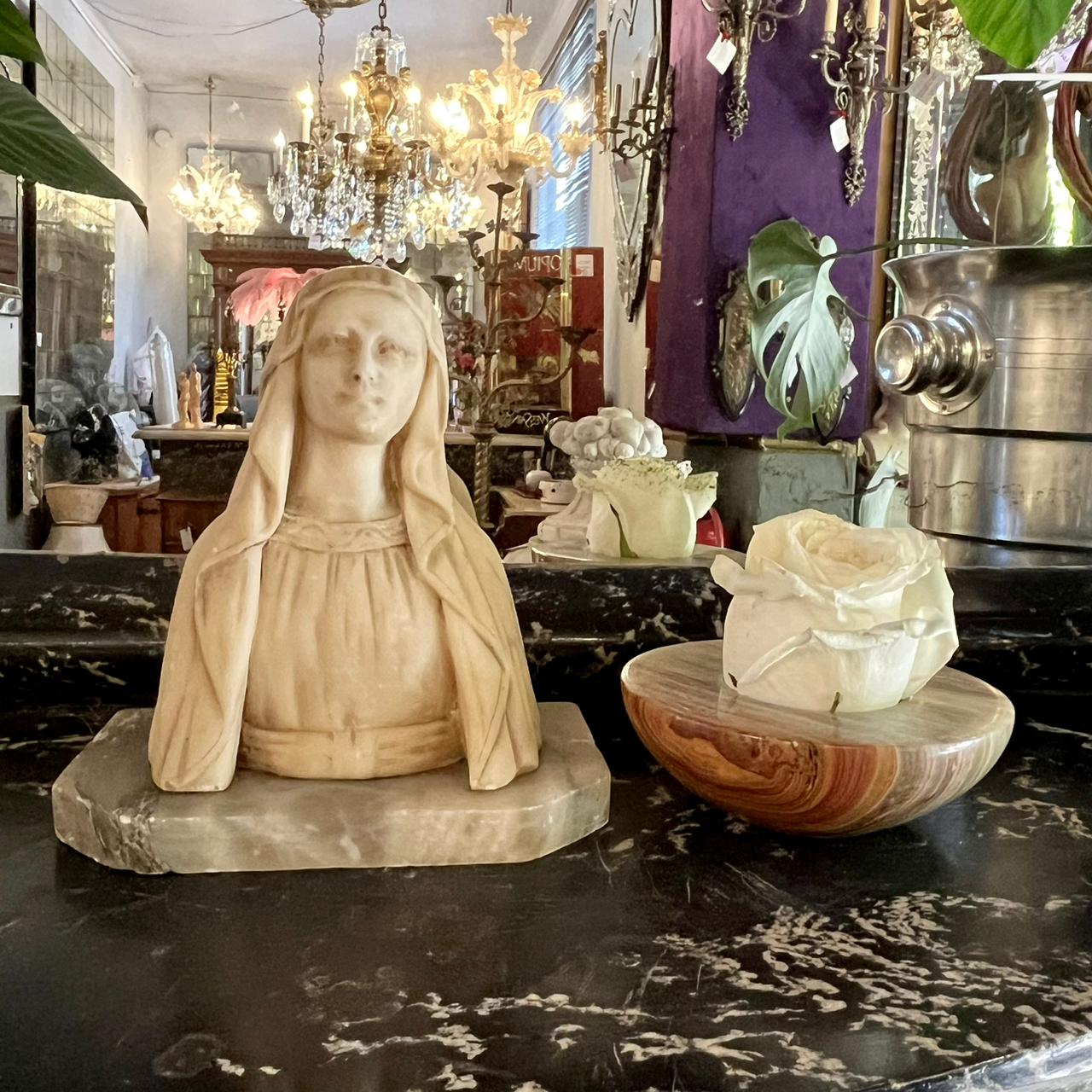 Cream Marble Mary Bust on Mottled Grey Marble Base