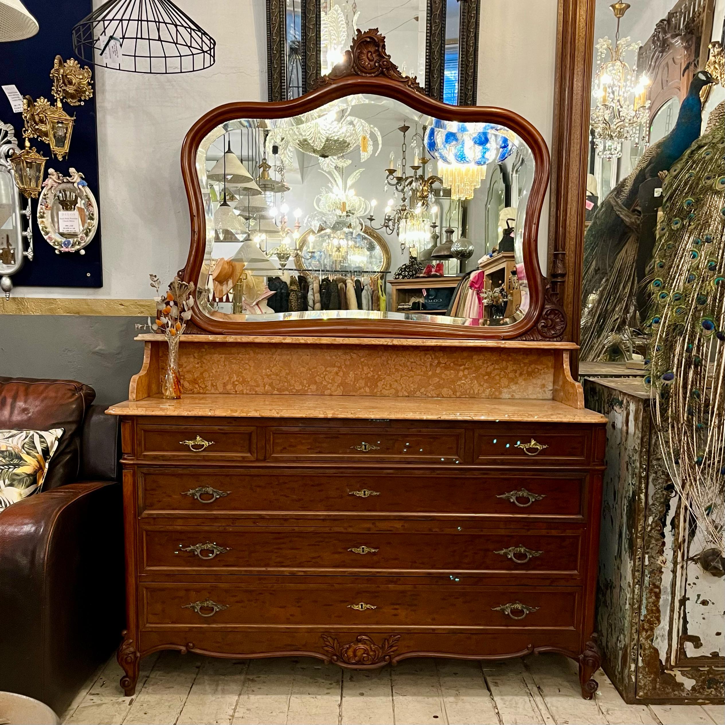 Antique Wash Table with Mottled Orange Marble Top