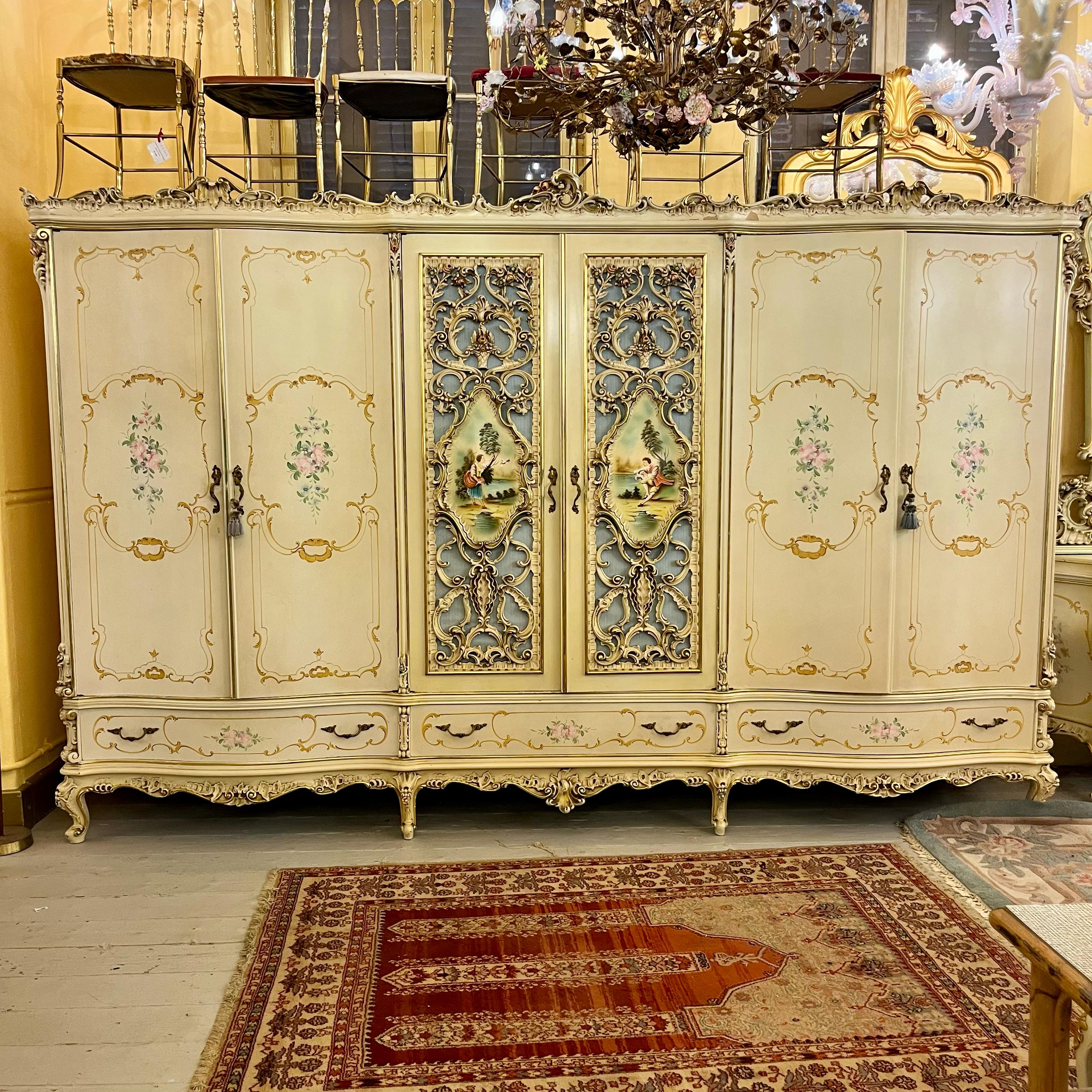 Monumental Italian Rococo Revival Painted Wardrobe, Mid-20th Century