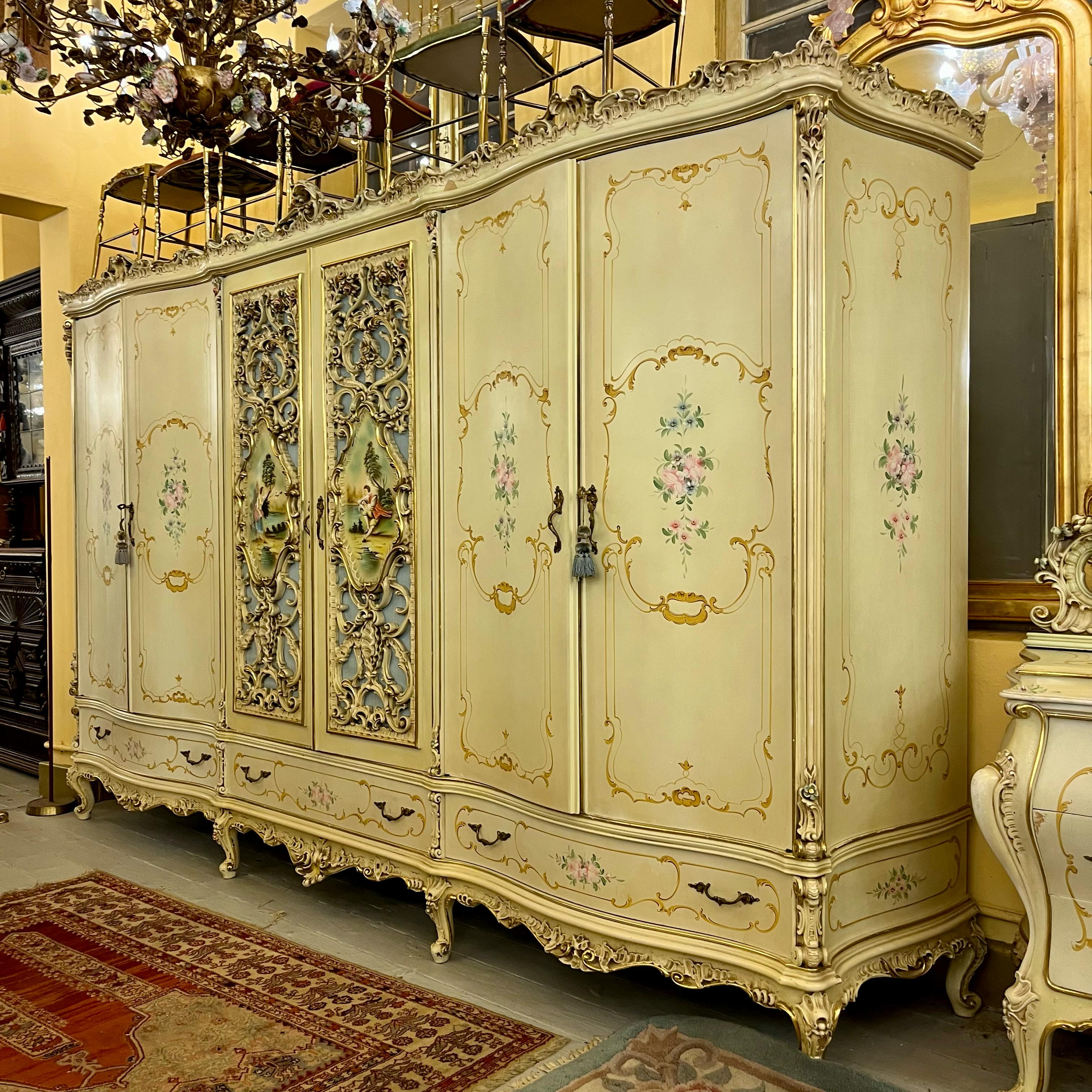 Monumental Italian Rococo Revival Painted Wardrobe, Mid-20th Century