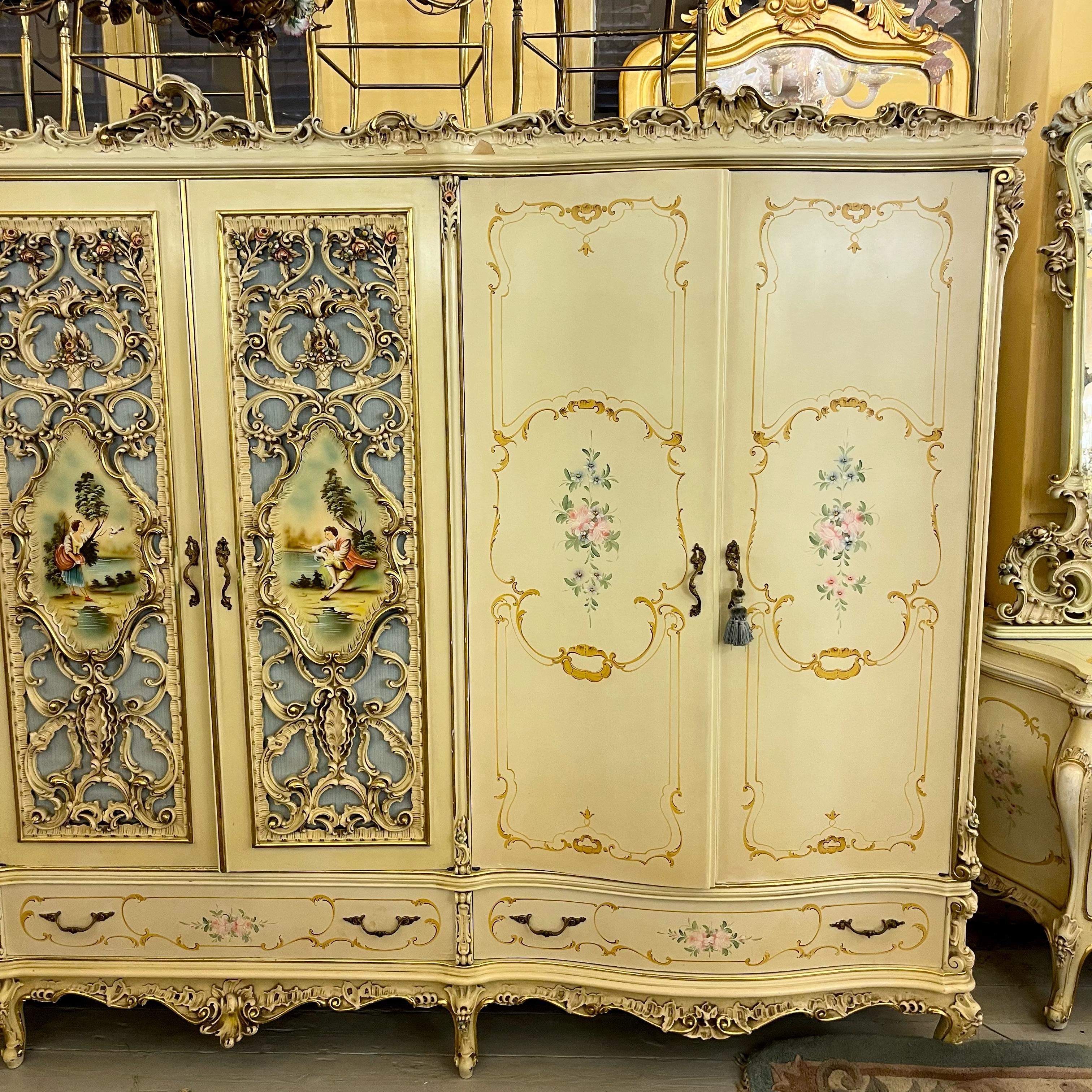 Monumental Italian Rococo Revival Painted Wardrobe, Mid-20th Century