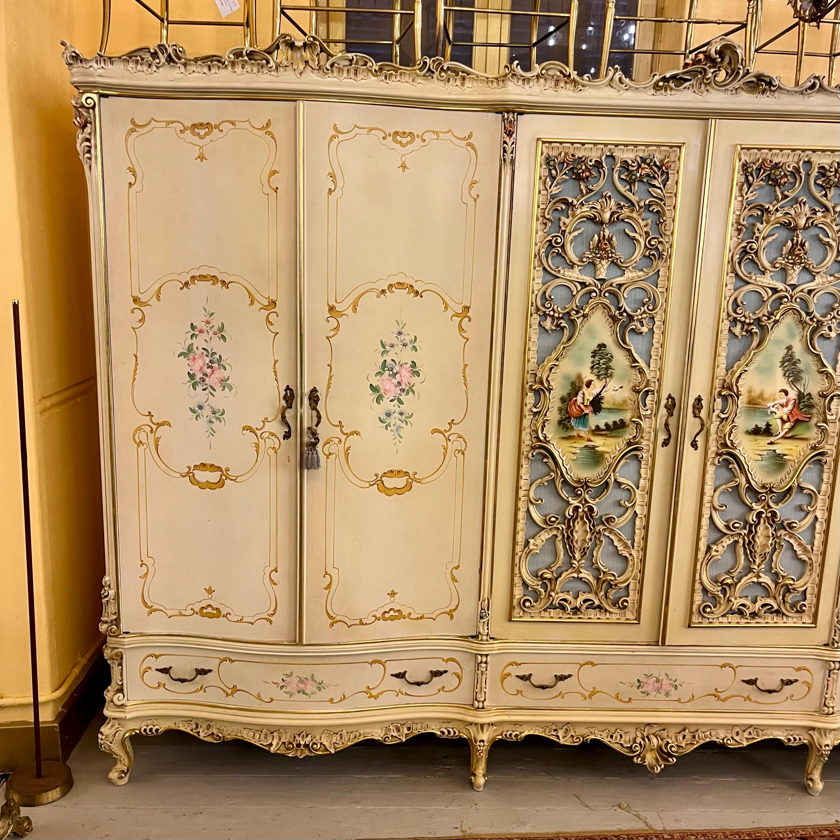 Monumental Italian Rococo Revival Painted Wardrobe, Mid-20th Century