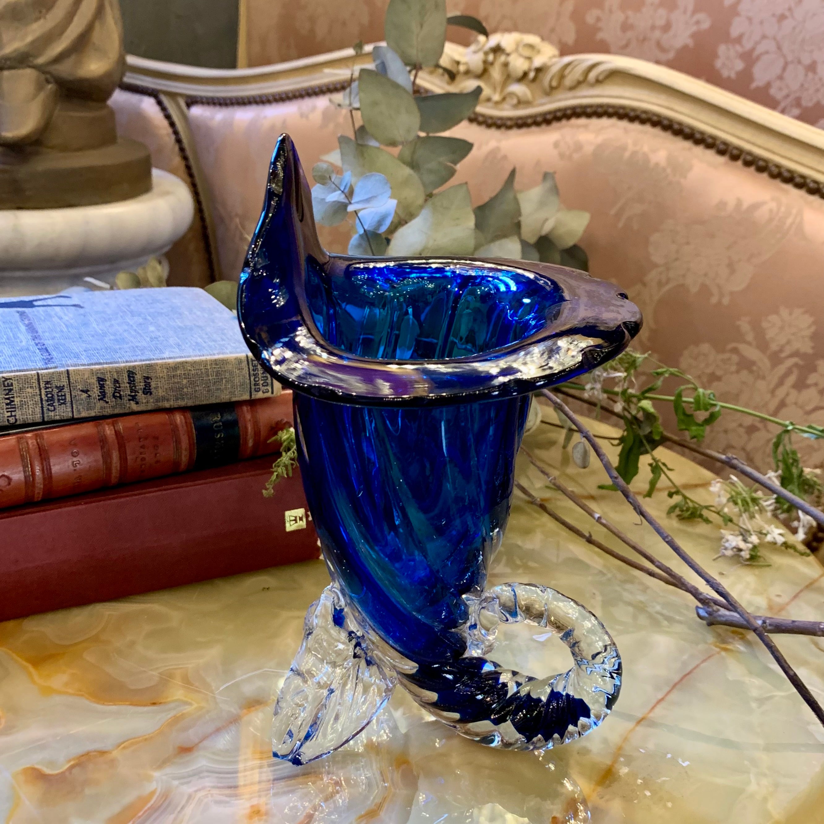 Deep Blue Cornucopia Murano Vase