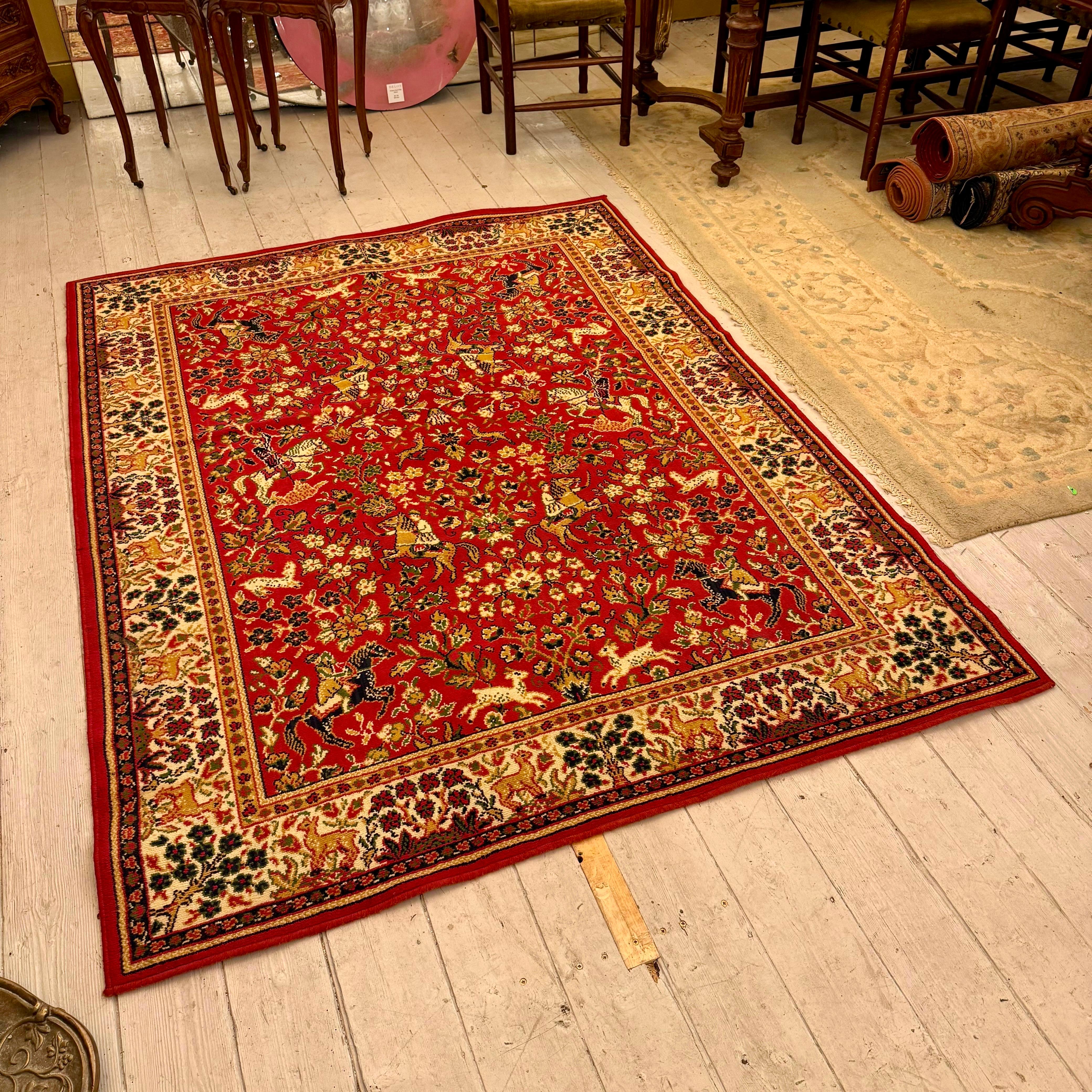 Persian-Style Hunting Scene Carpet with Crimson Field