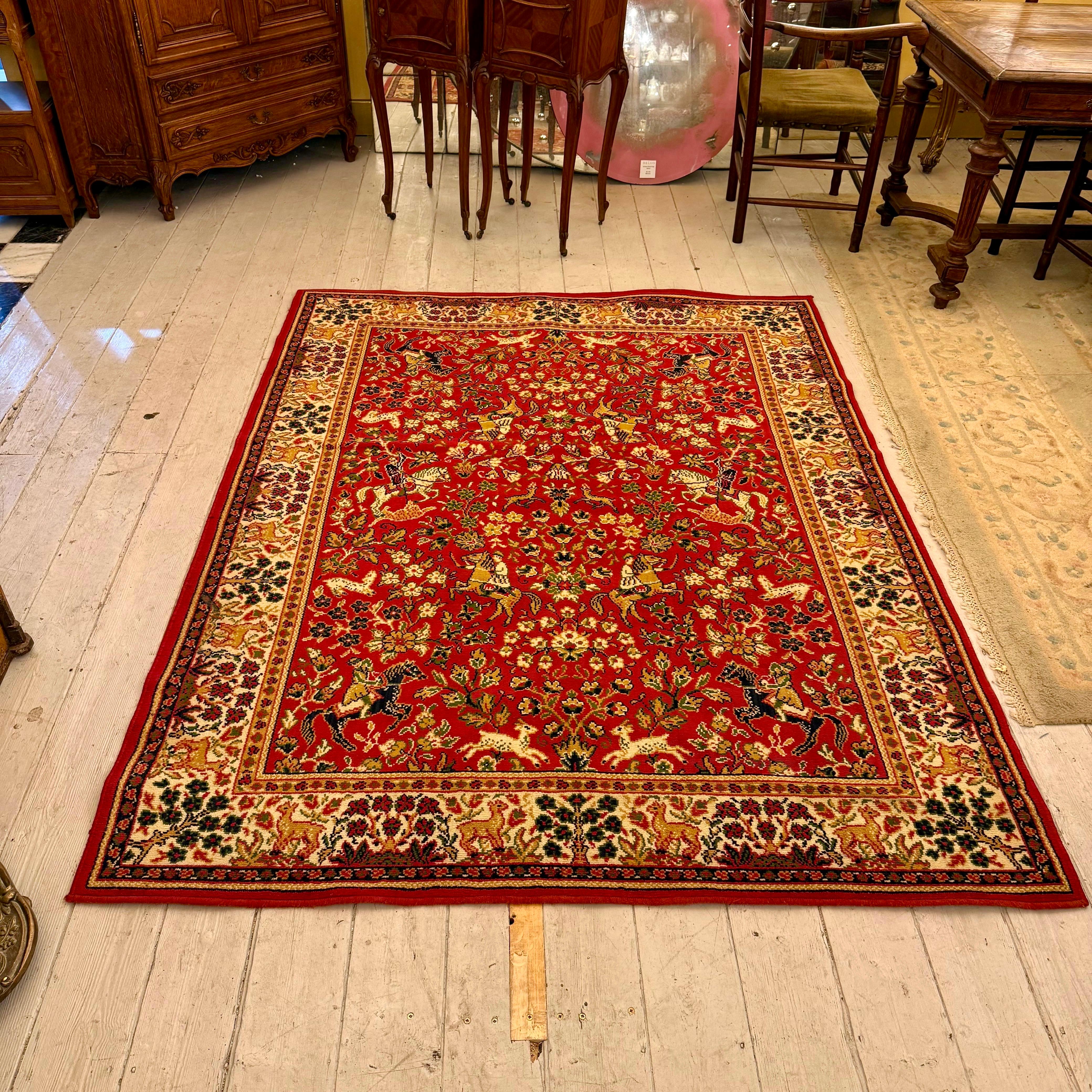 Persian-Style Hunting Scene Carpet with Crimson Field
