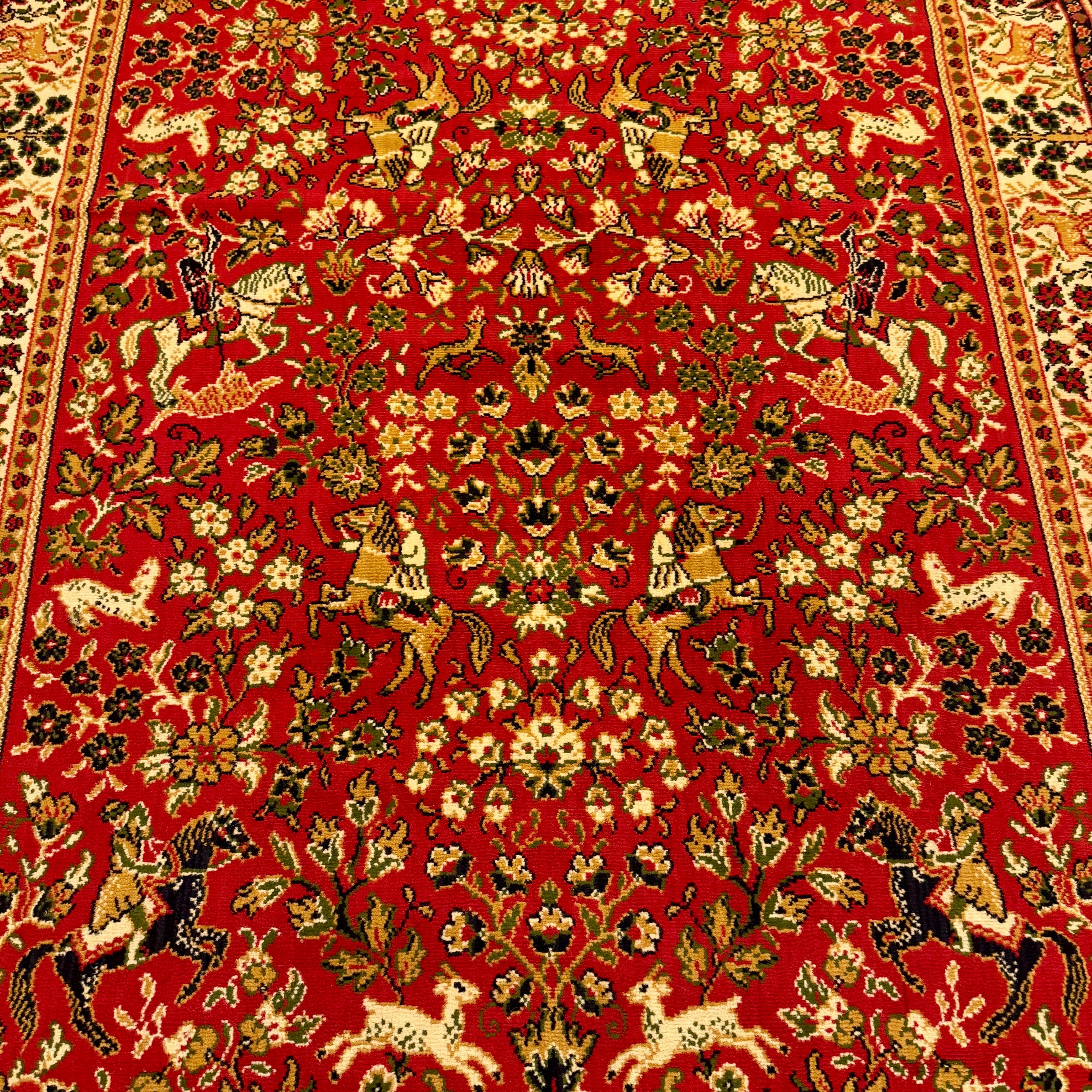 Persian-Style Hunting Scene Carpet with Crimson Field