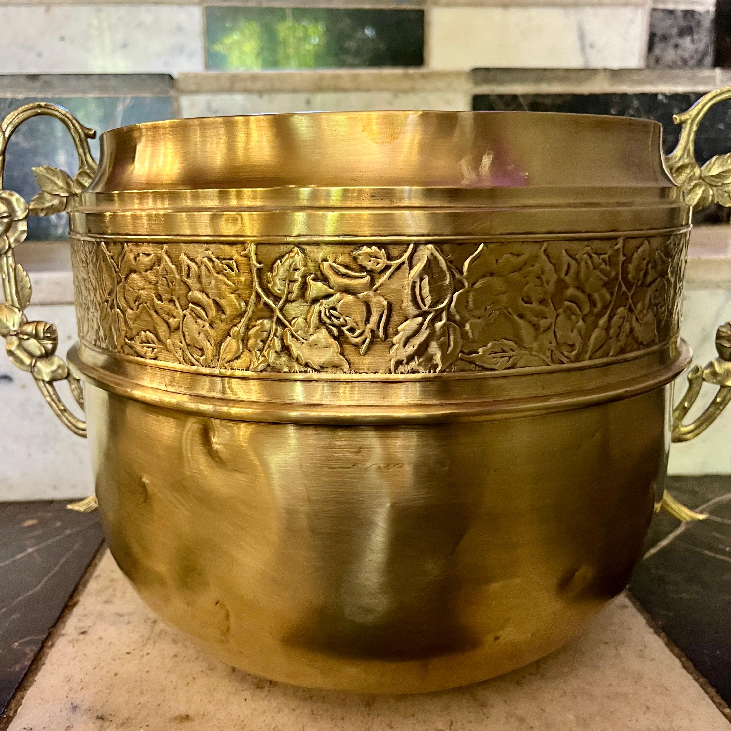 Embossed Brass Pot with Floral Detail