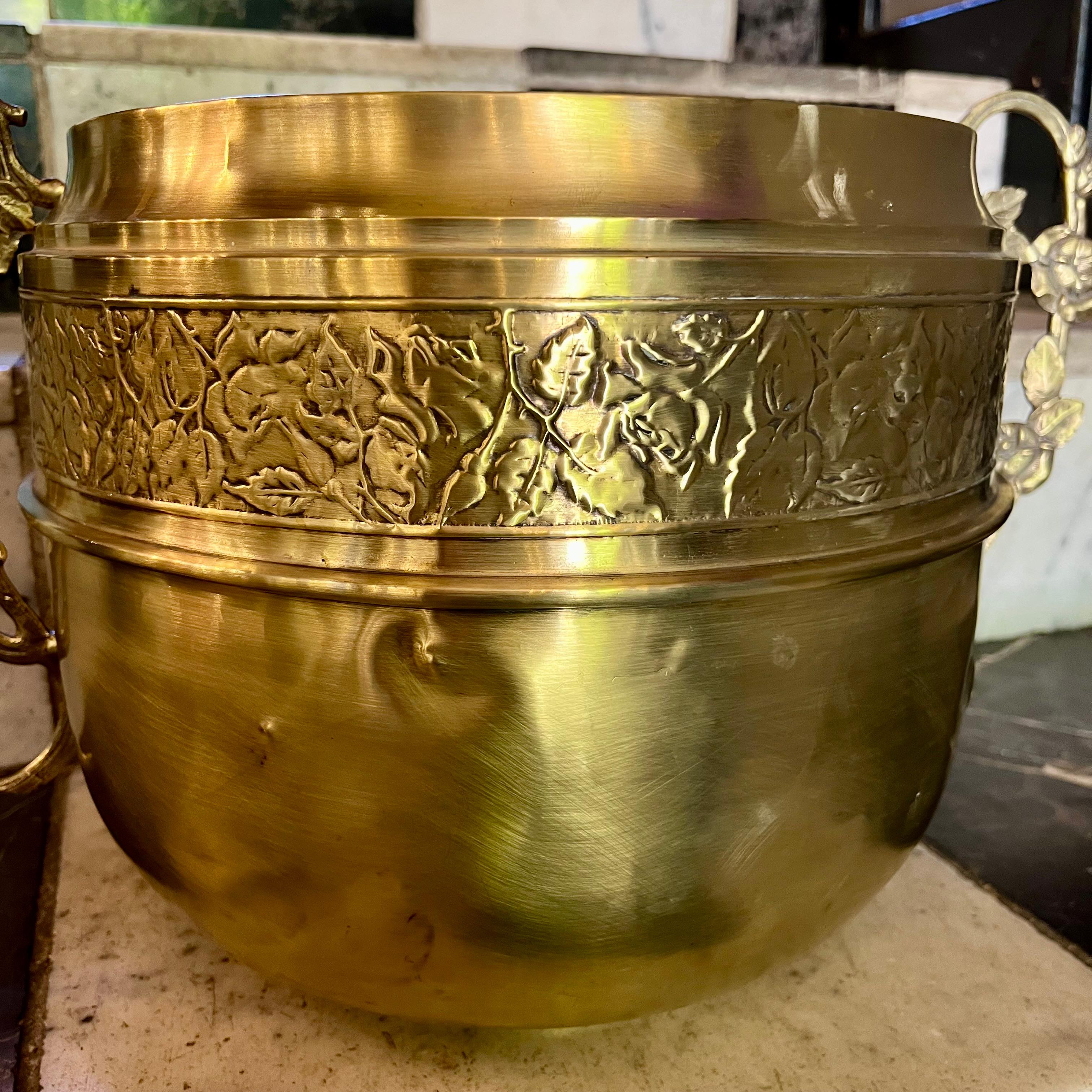 Embossed Brass Pot with Floral Detail