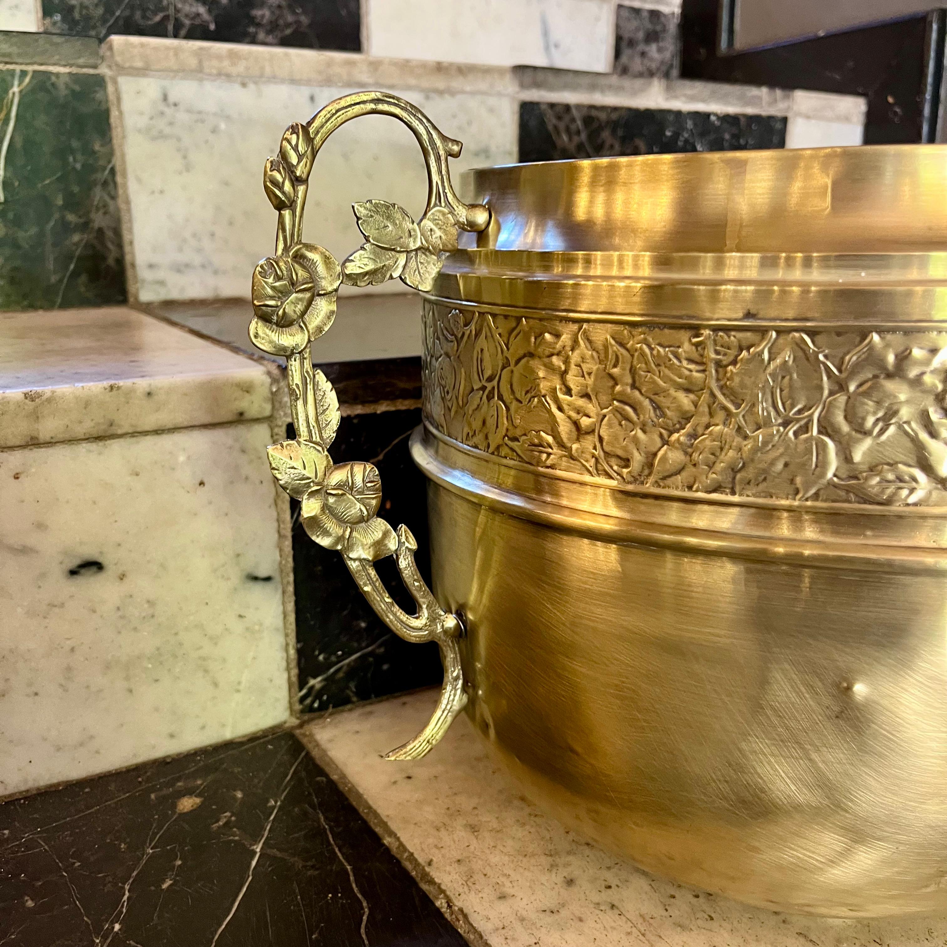 Embossed Brass Pot with Floral Detail