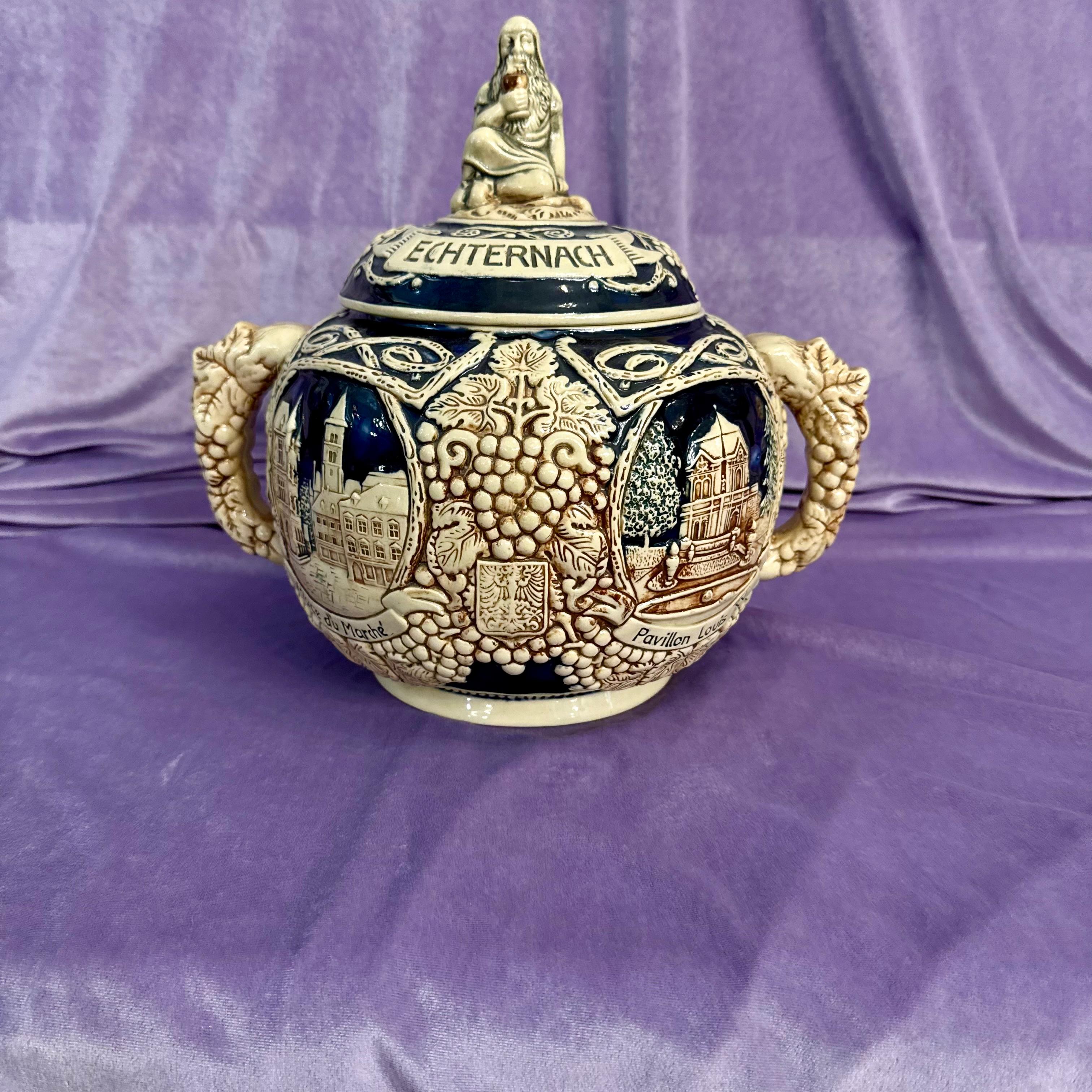 German Stoneware Lidded Beer Stein from Echternach