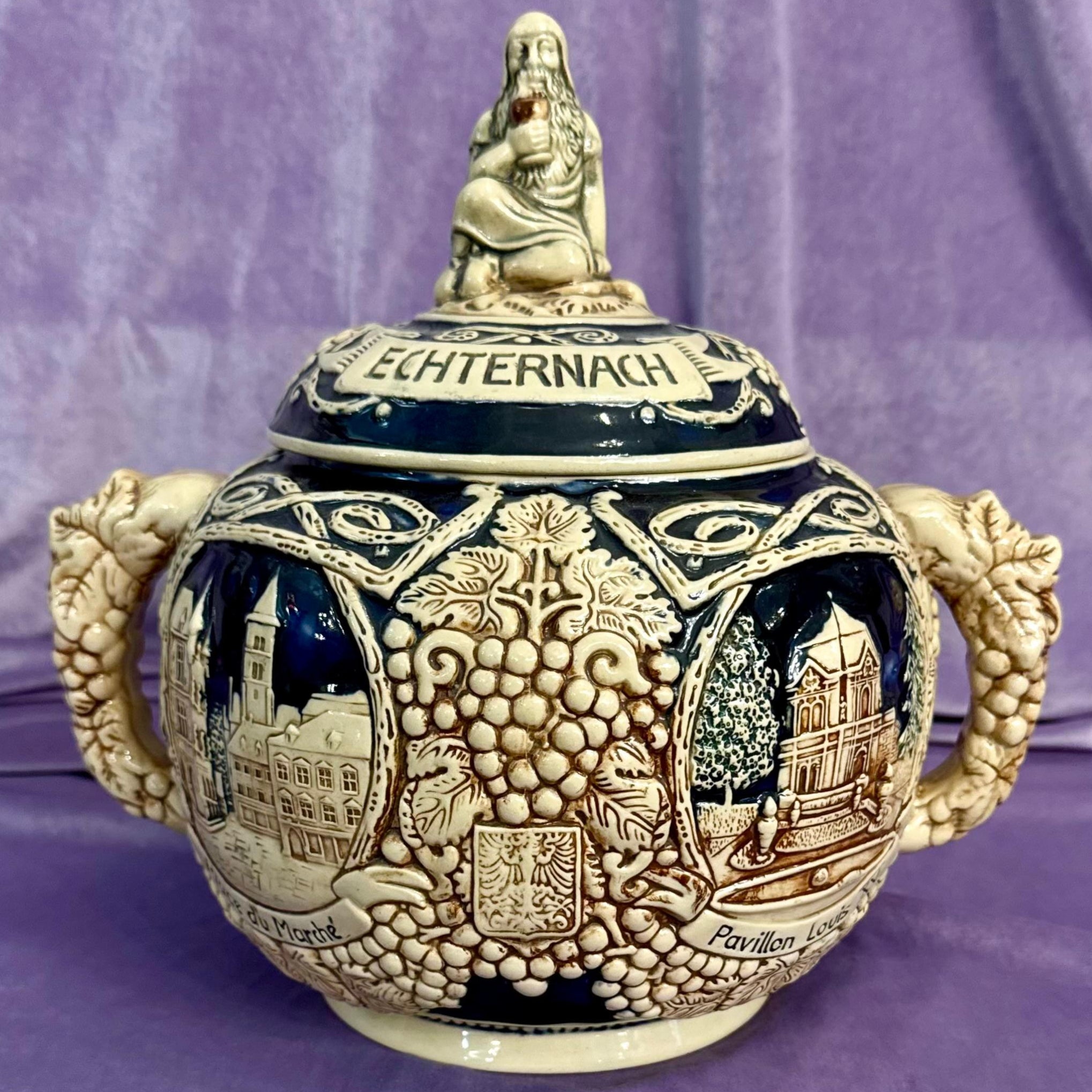 German Stoneware Lidded Beer Stein from Echternach