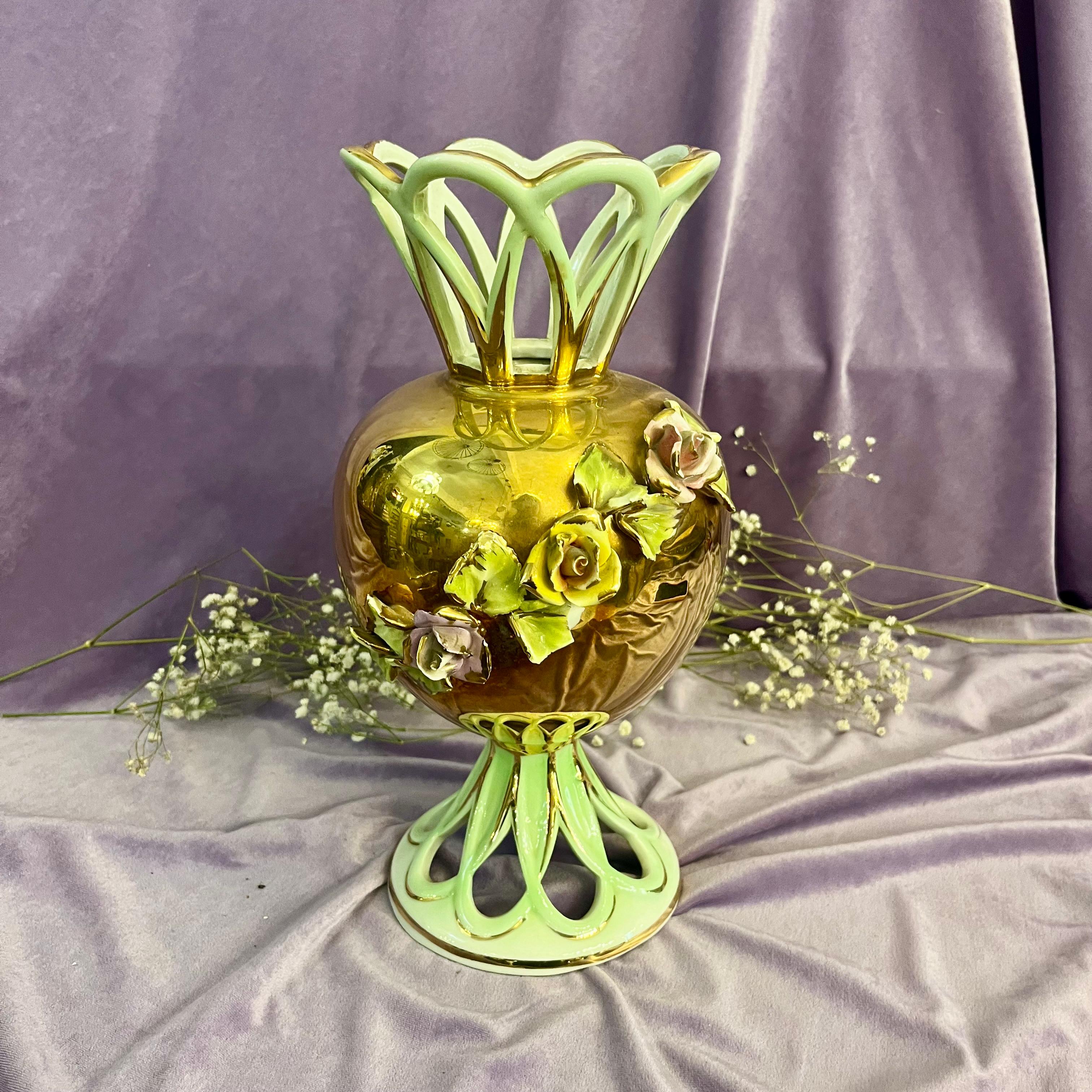 Capodimonte Gilt Vase with Porcelain Roses