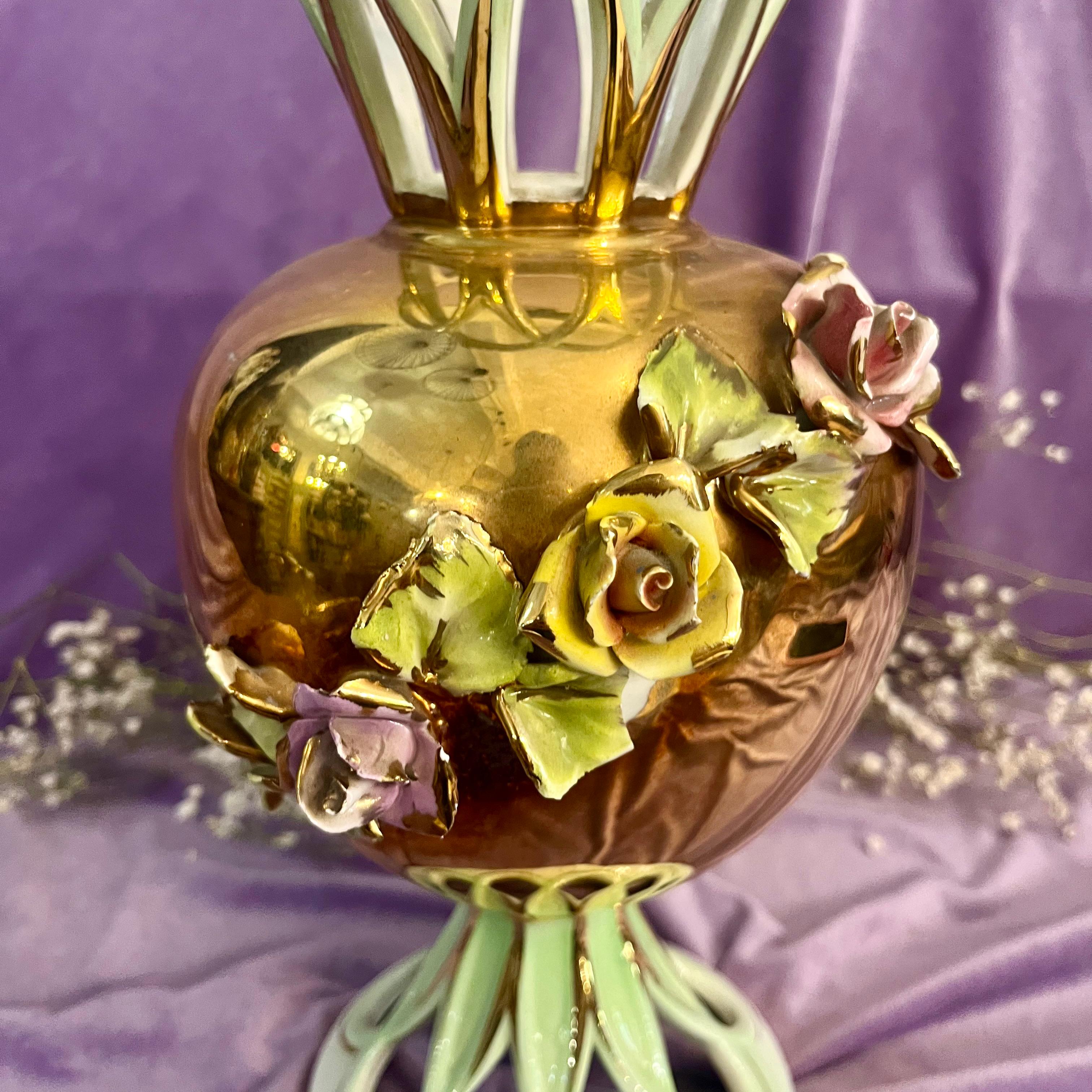 Capodimonte Gilt Vase with Porcelain Roses