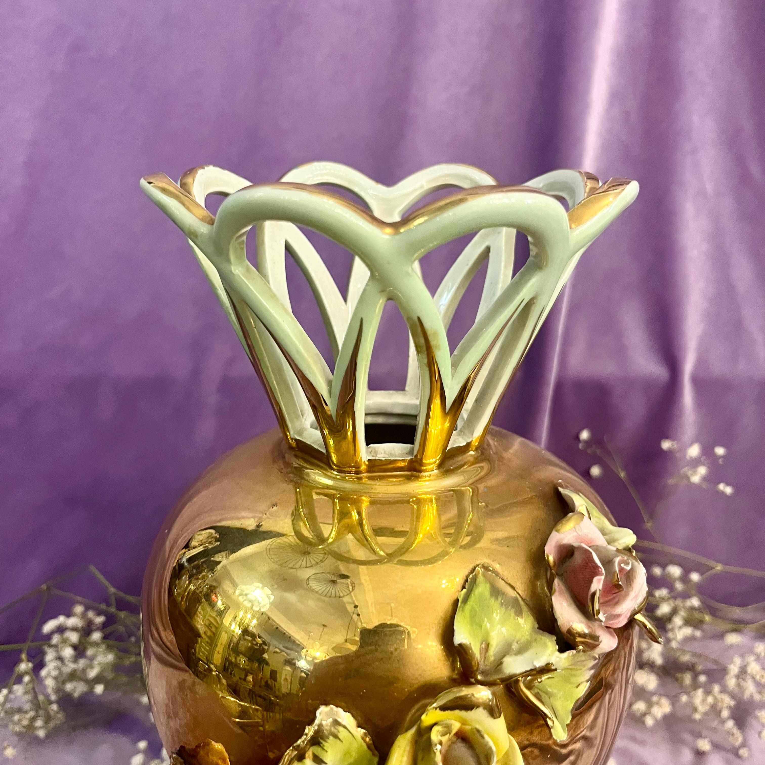 Capodimonte Gilt Vase with Porcelain Roses