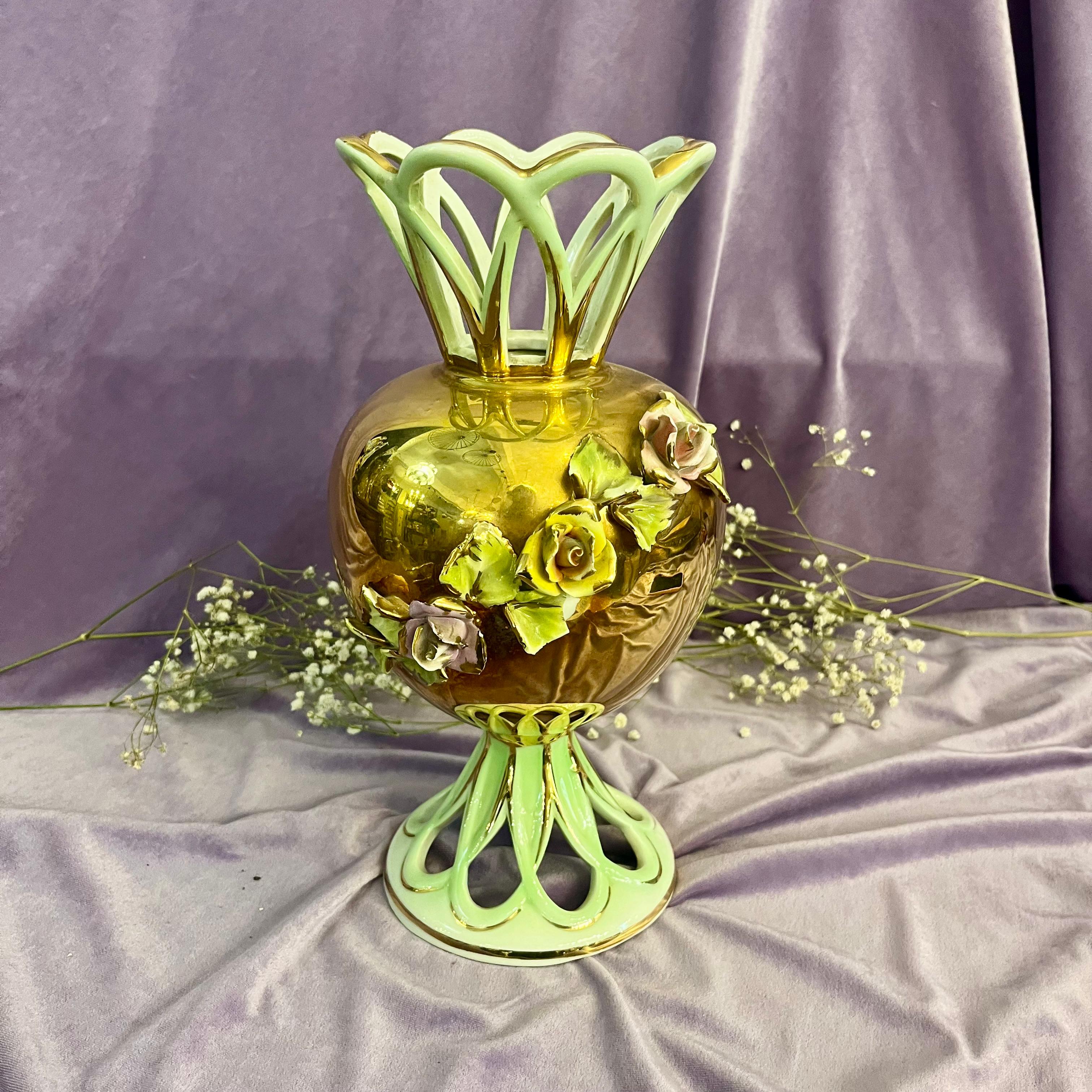 Capodimonte Gilt Vase with Porcelain Roses