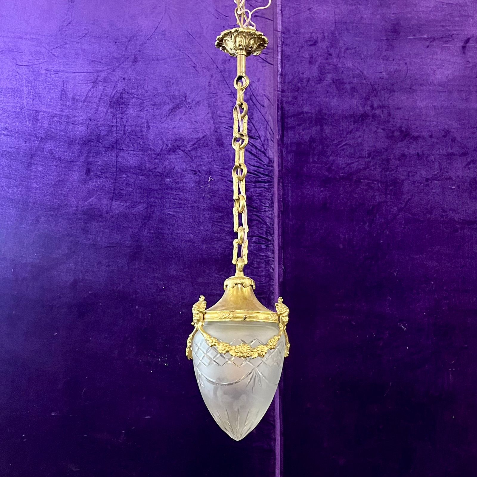 Antique Gilt Bronze & Frosted Glass Pendant with Decorative Mask Mounts