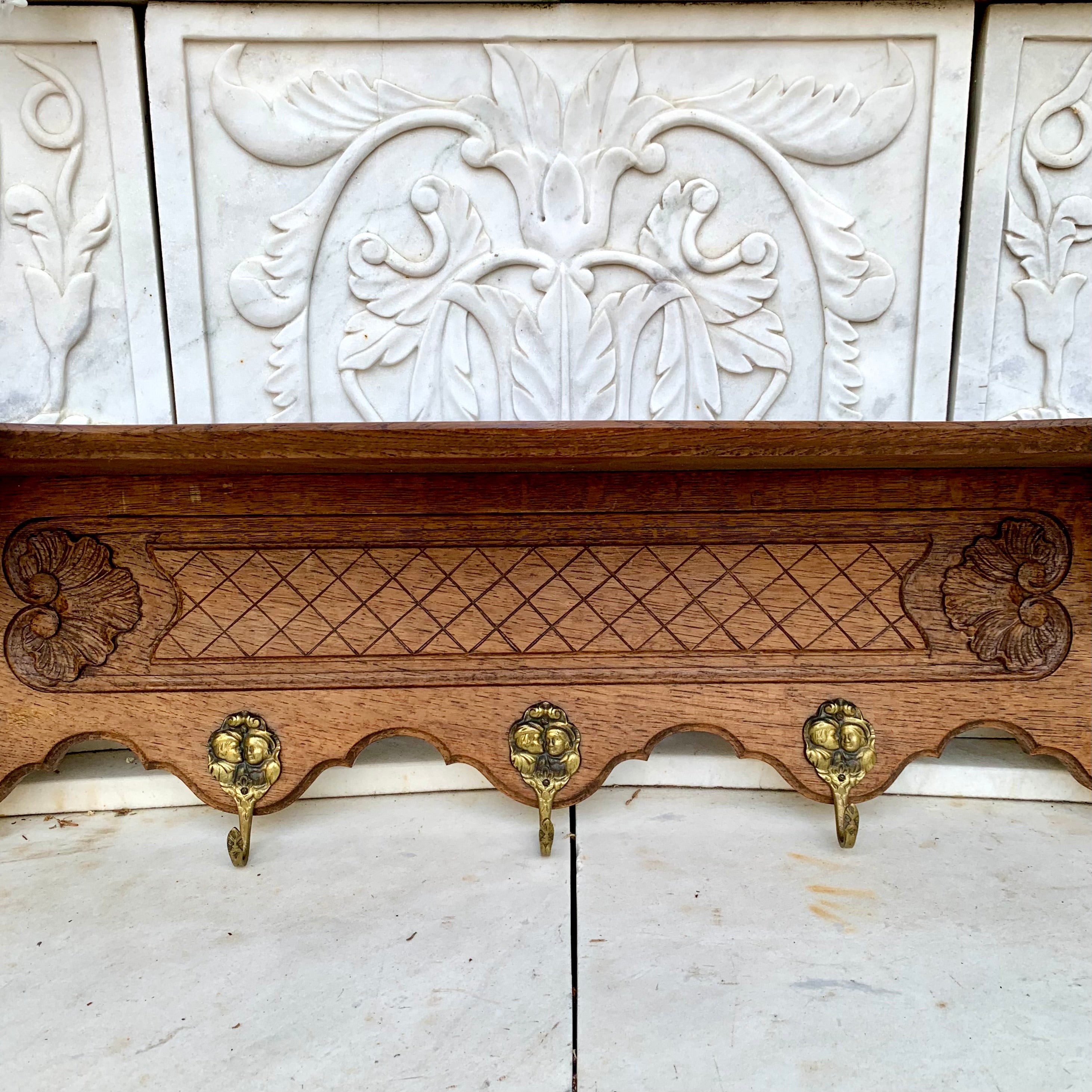 Pretty Carved French Oak Wall Coat Rack