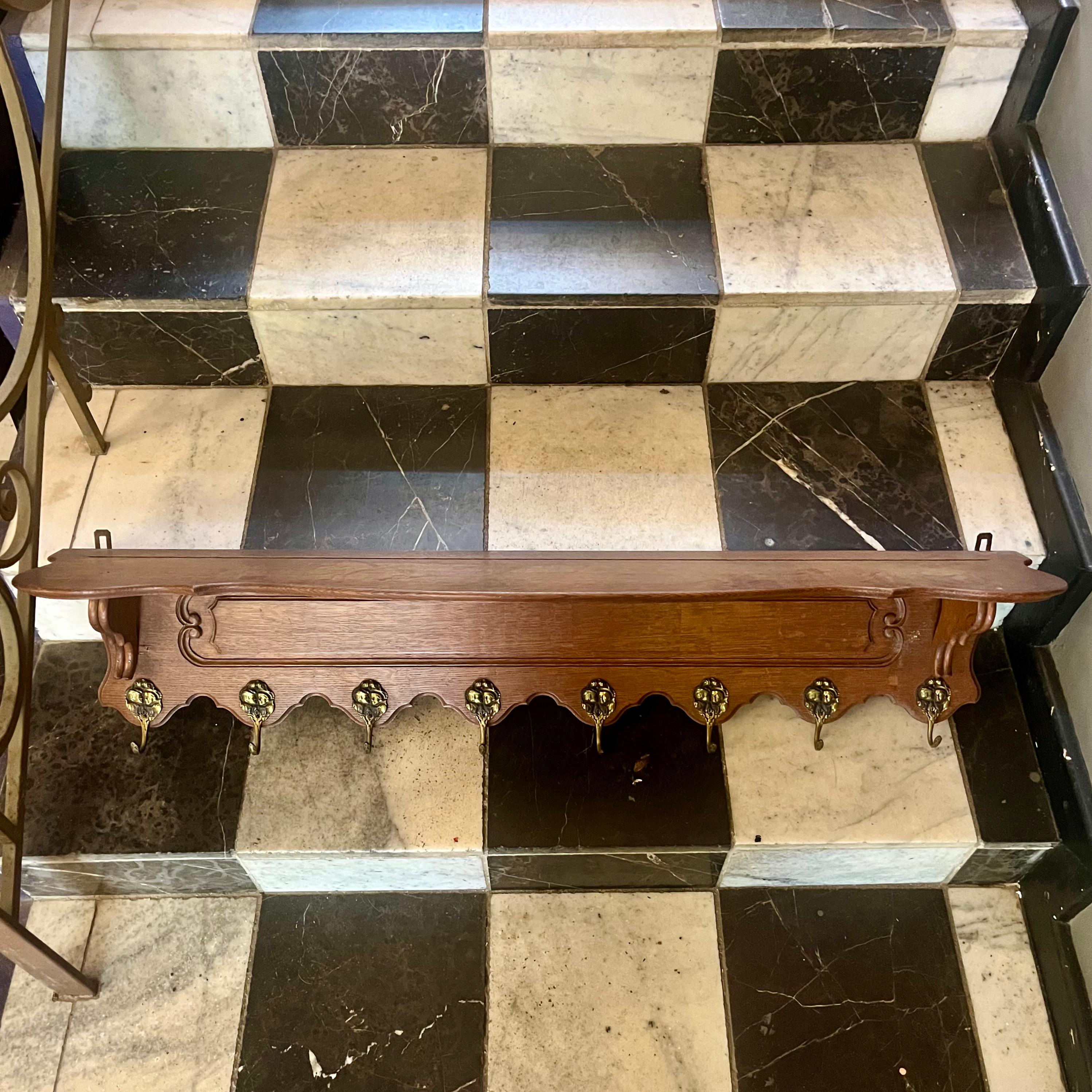 Charming Antique French Oak Wall Coat Rack