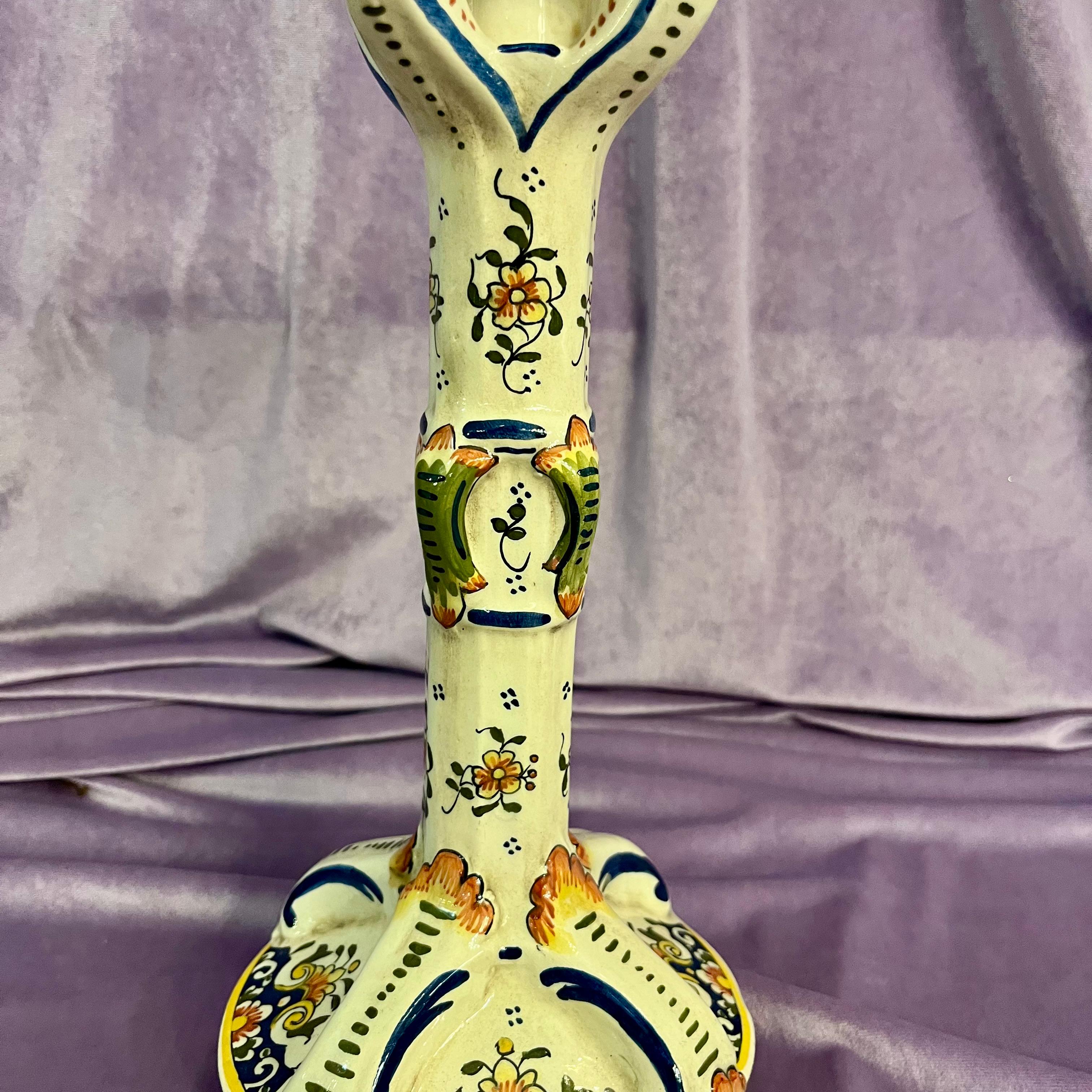 Glazed Earthenware Pottery Candlestick, by Rouen, France