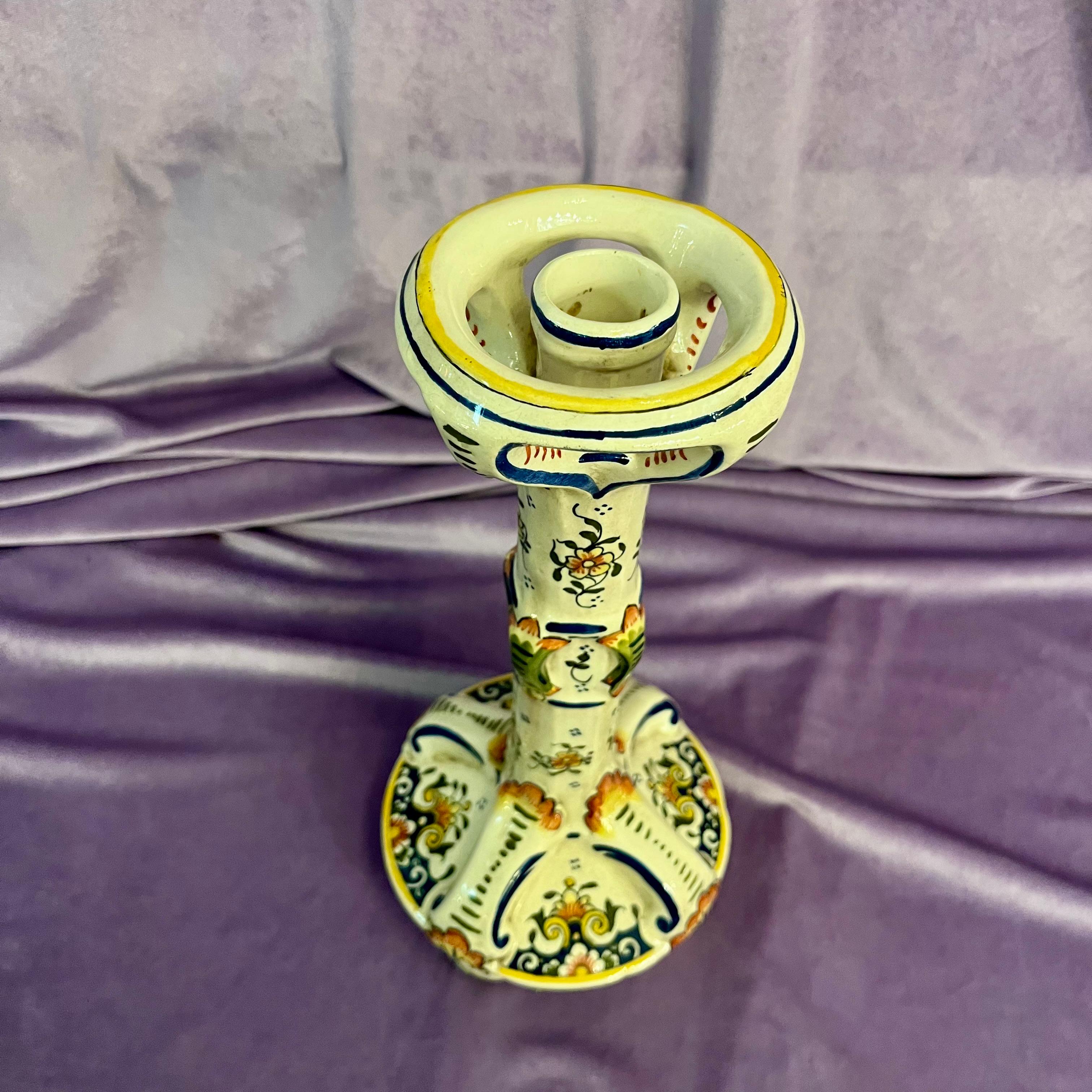 Glazed Earthenware Pottery Candlestick, by Rouen, France