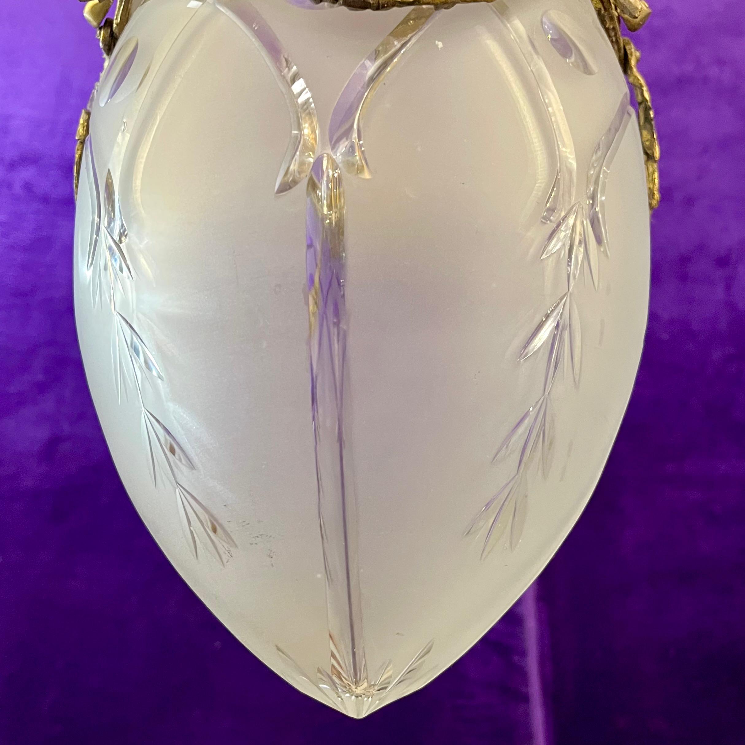 Antique Gilt Bronze & Frosted Glass Pendant with Cherub Mounts