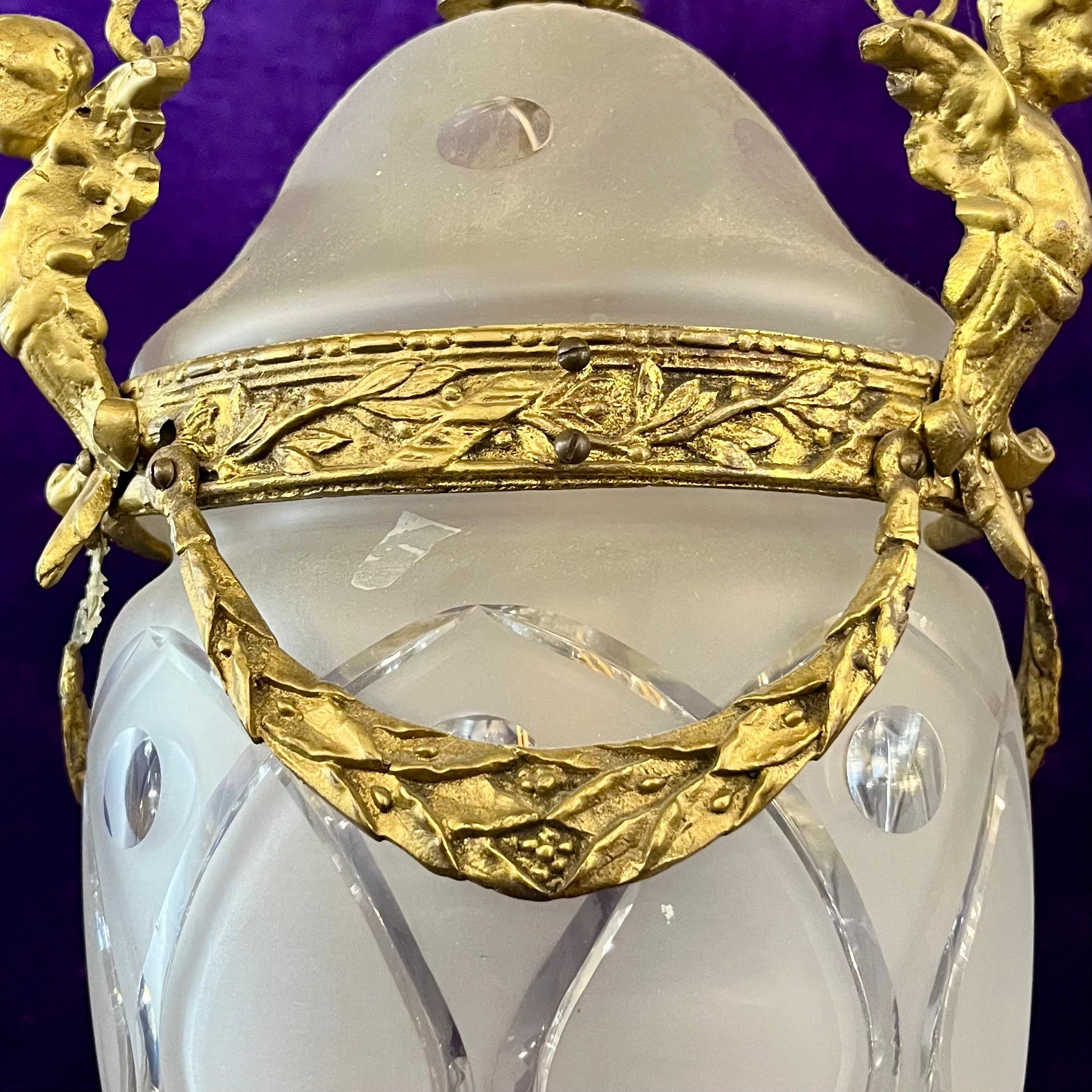 Antique Gilt Bronze & Frosted Glass Pendant with Cherub Mounts