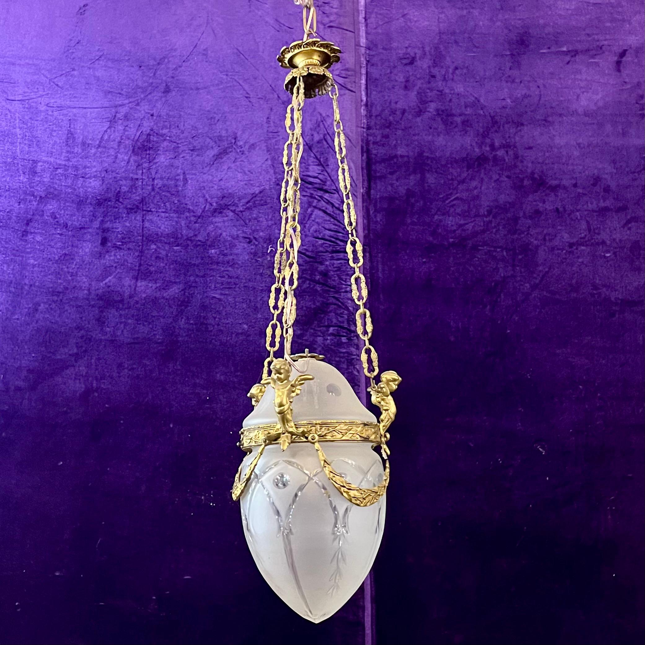 Antique Gilt Bronze & Frosted Glass Pendant with Cherub Mounts