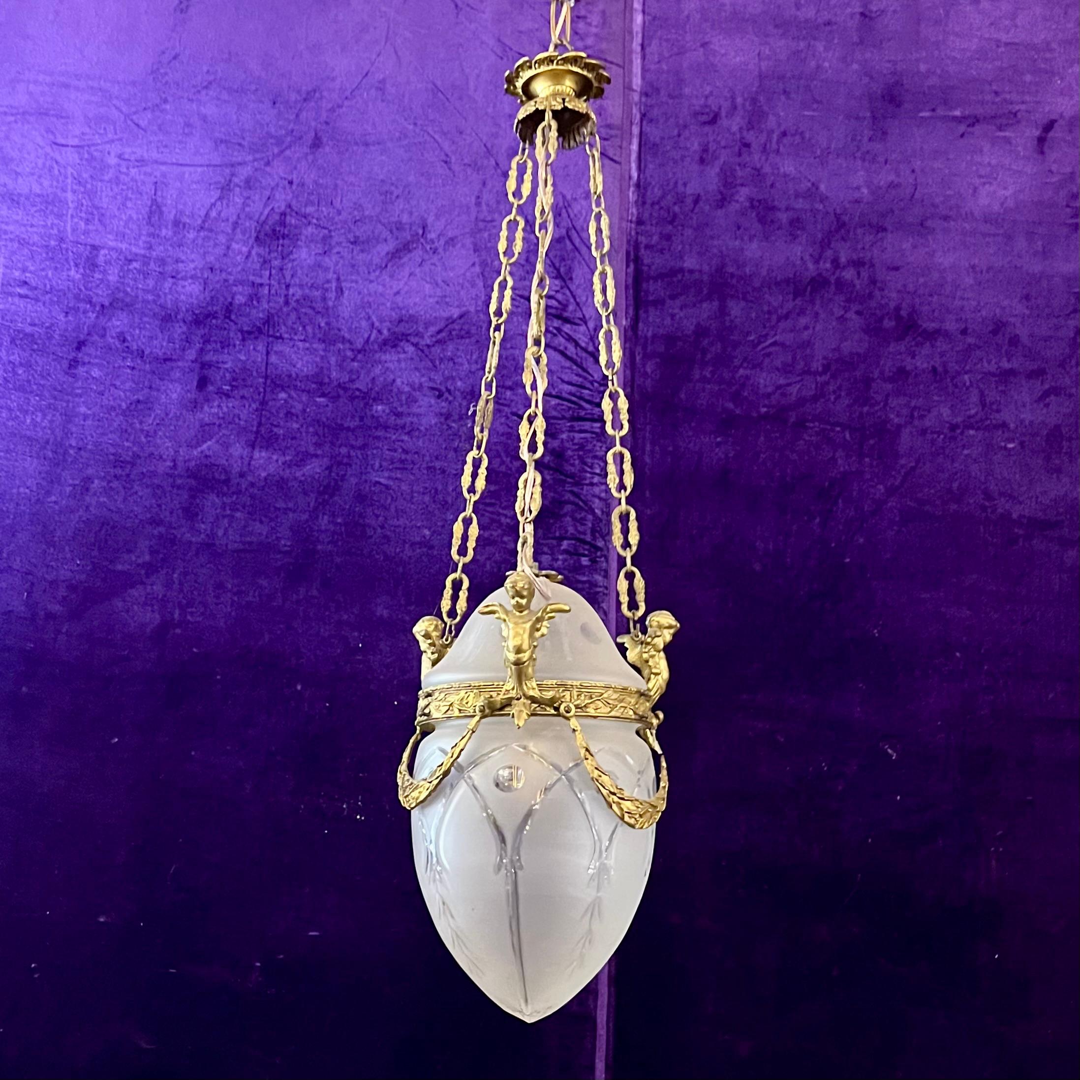 Antique Gilt Bronze & Frosted Glass Pendant with Cherub Mounts