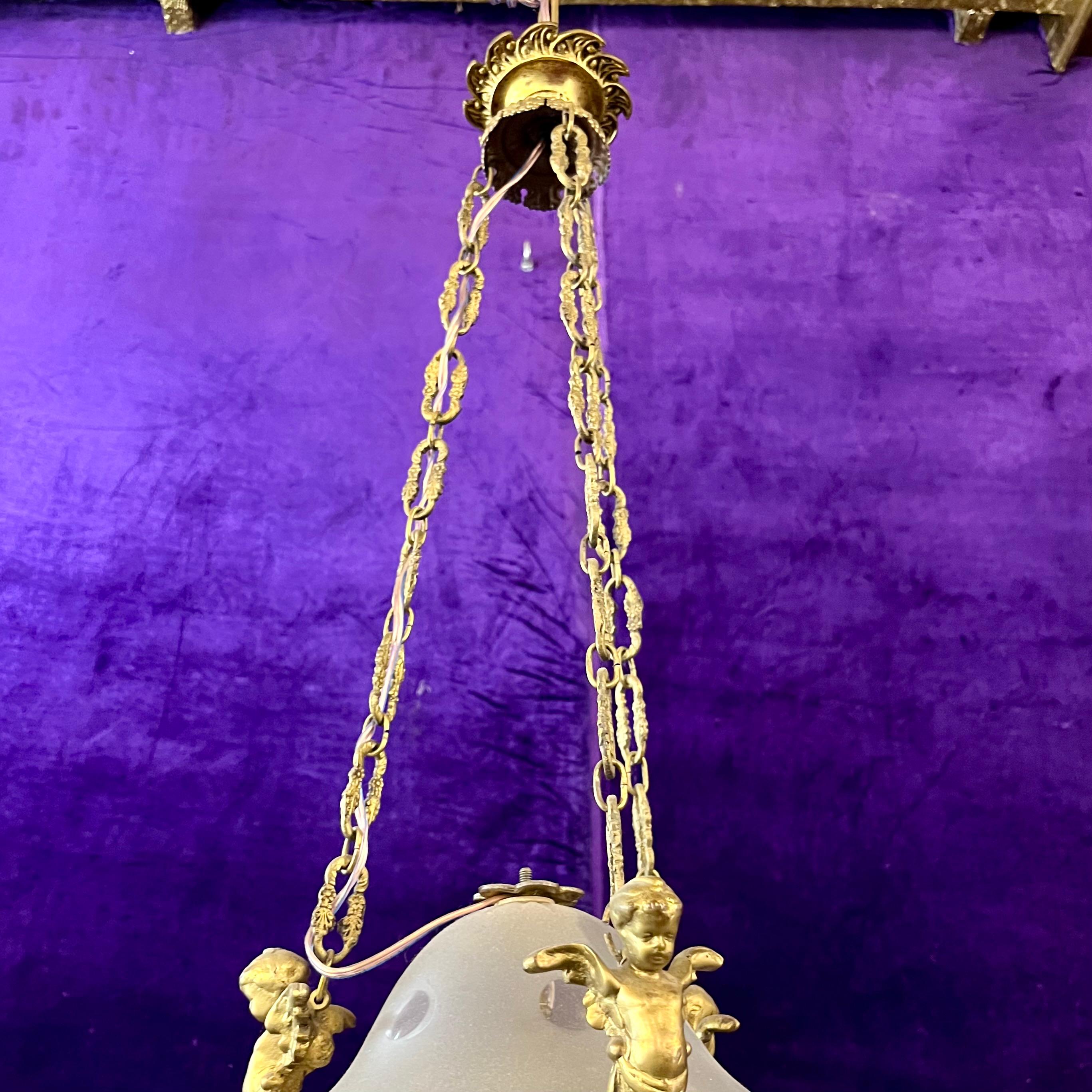 Antique Gilt Bronze & Frosted Glass Pendant with Cherub Mounts