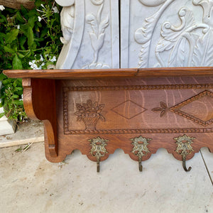 Antique French Coat Rack with Brass Hooks