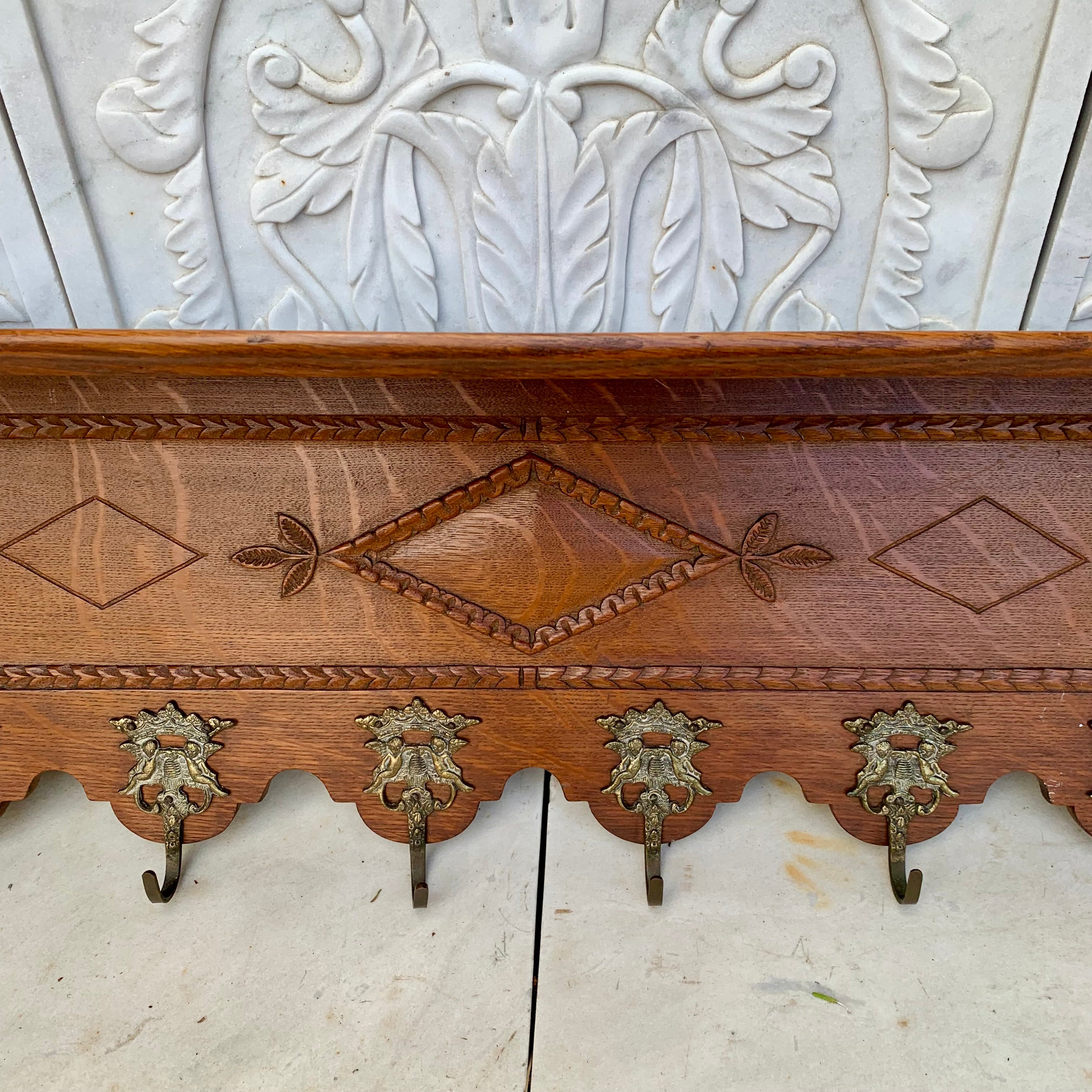 Antique French Coat Rack with Brass Hooks