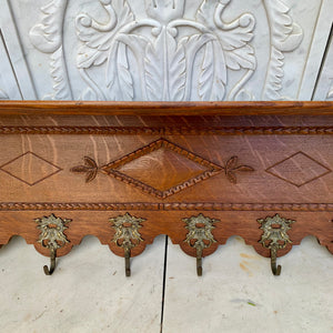 Antique French Coat Rack with Brass Hooks