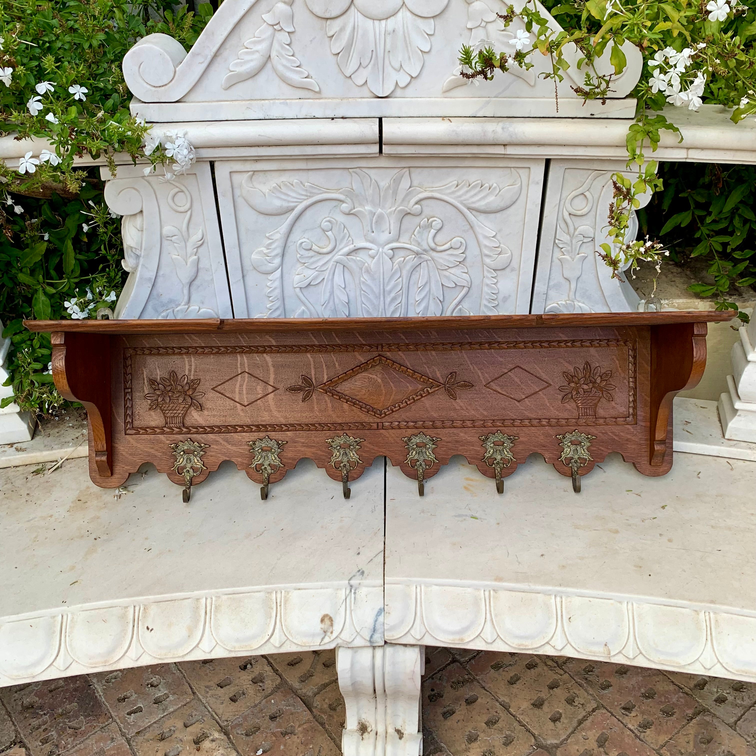 Antique French Coat Rack with Brass Hooks