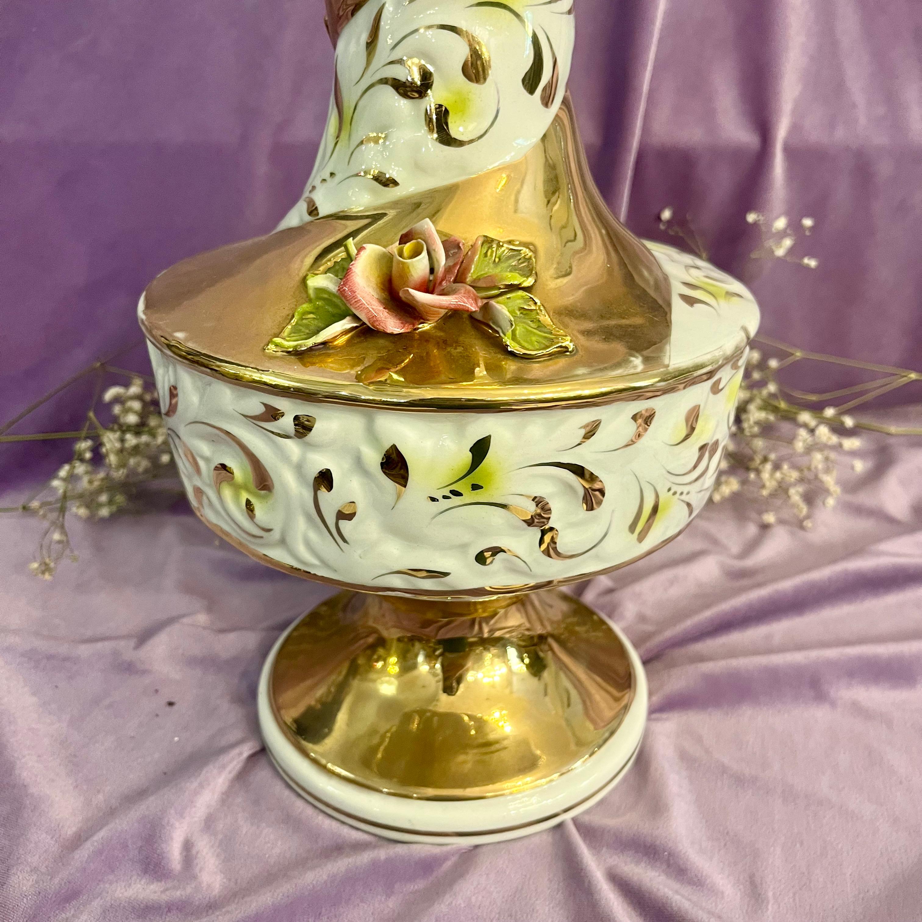 Capodimonte Gilt & Mint Porcelain Vase with Applied Roses