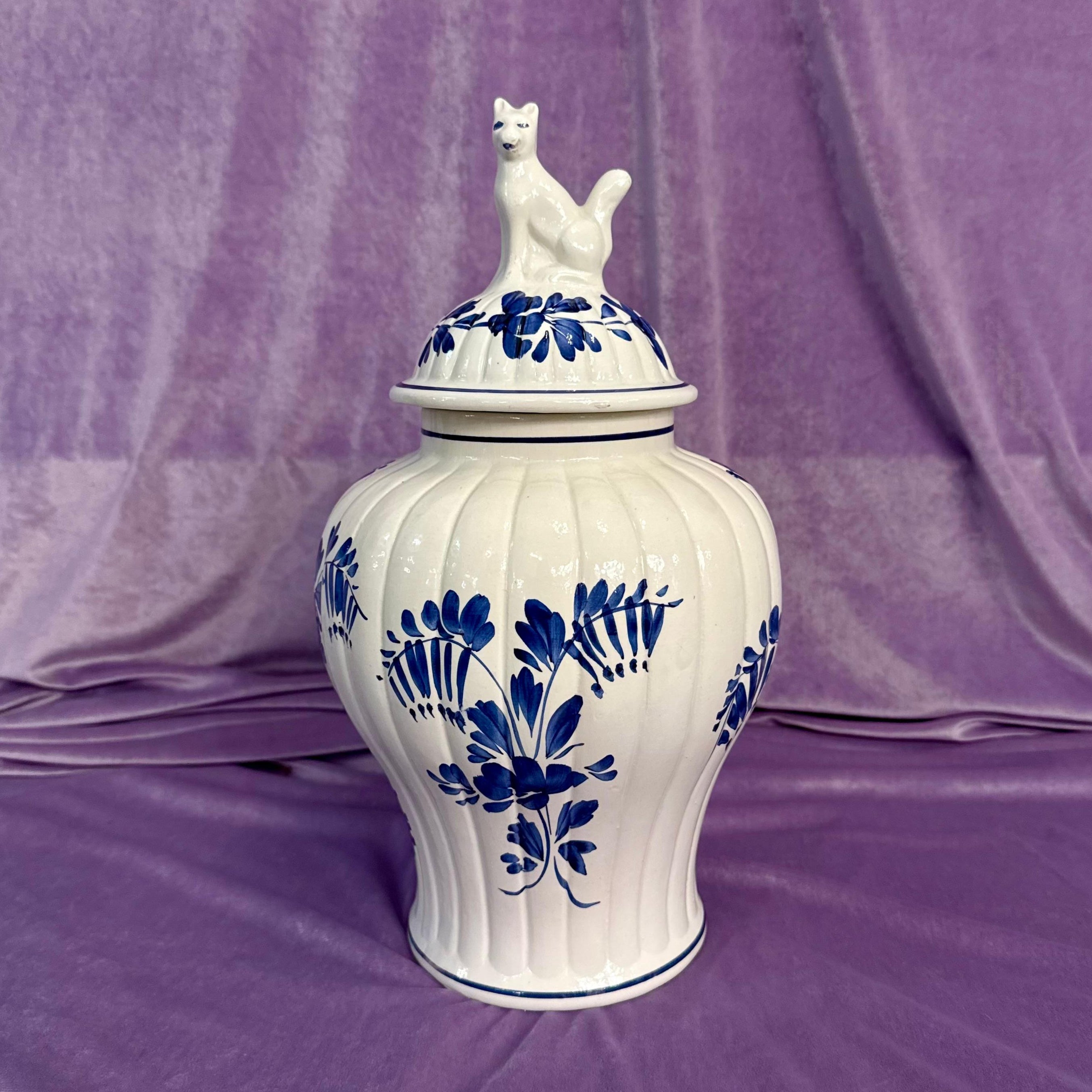 Bassano Italian Blue and White Lidded Jar with Fox Finial