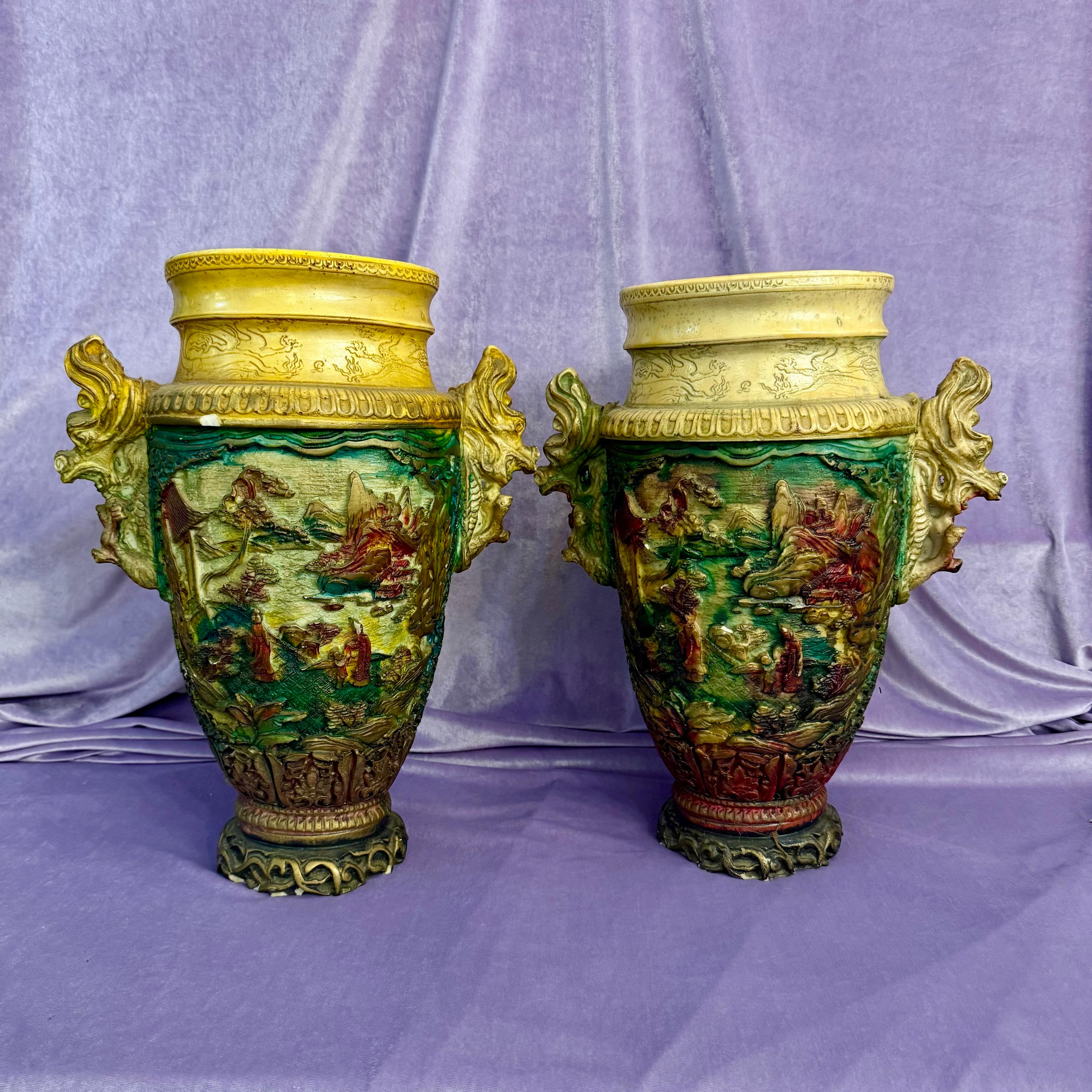 Near Pair Vintage Vases with Dragon Handles and Rustic Village scene