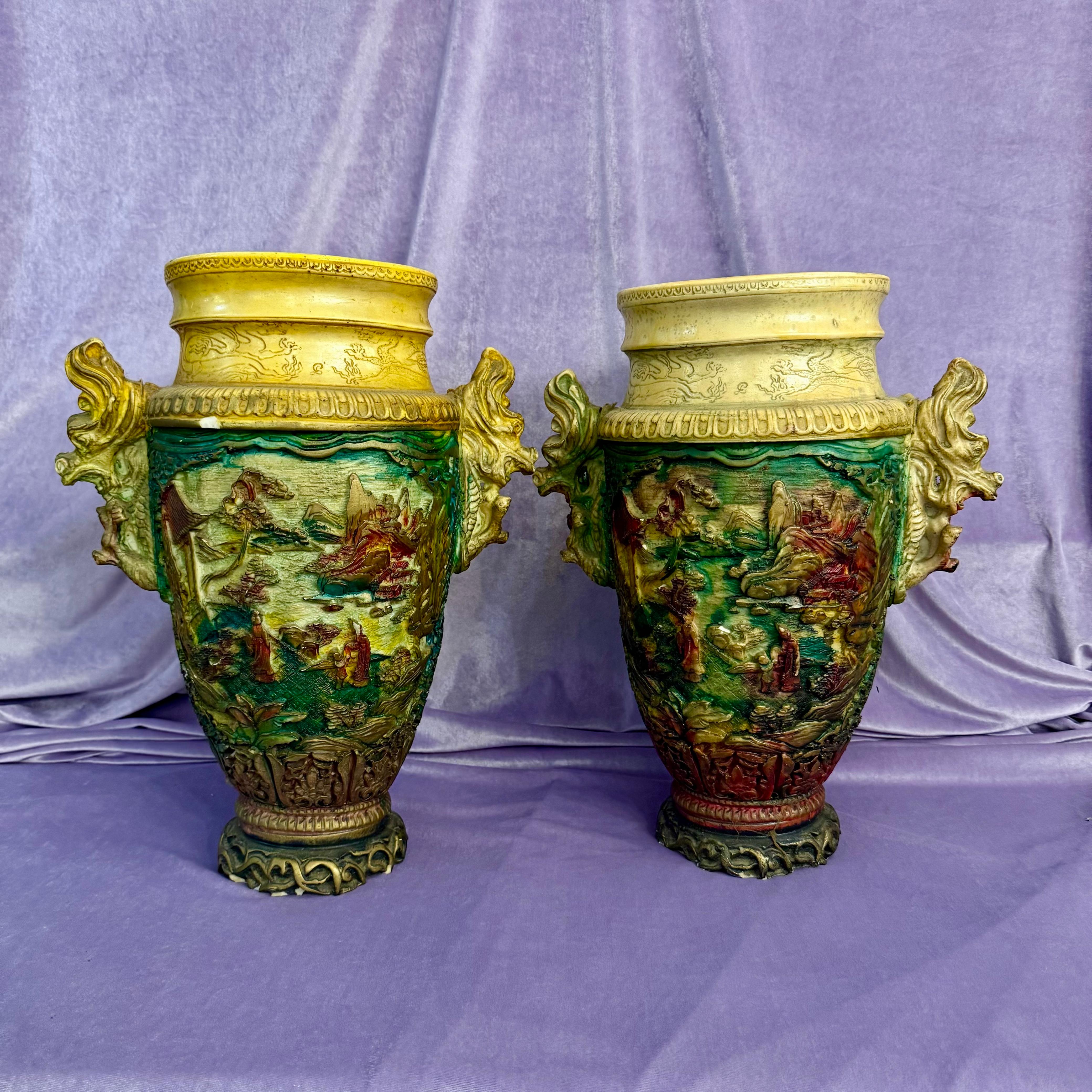 Near Pair Vintage Vases with Dragon Handles and Rustic Village scene