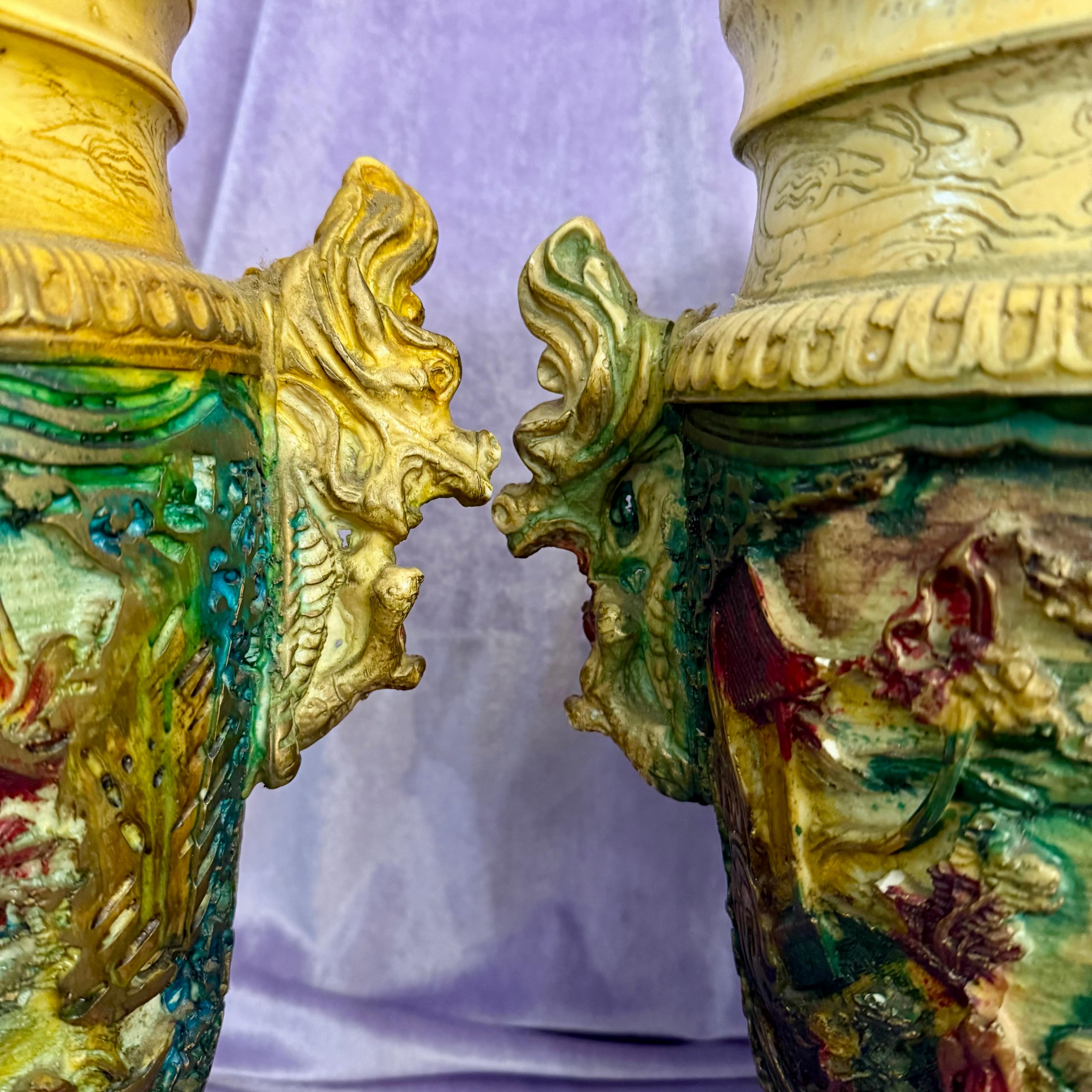 Near Pair Vintage Vases with Dragon Handles and Rustic Village scene
