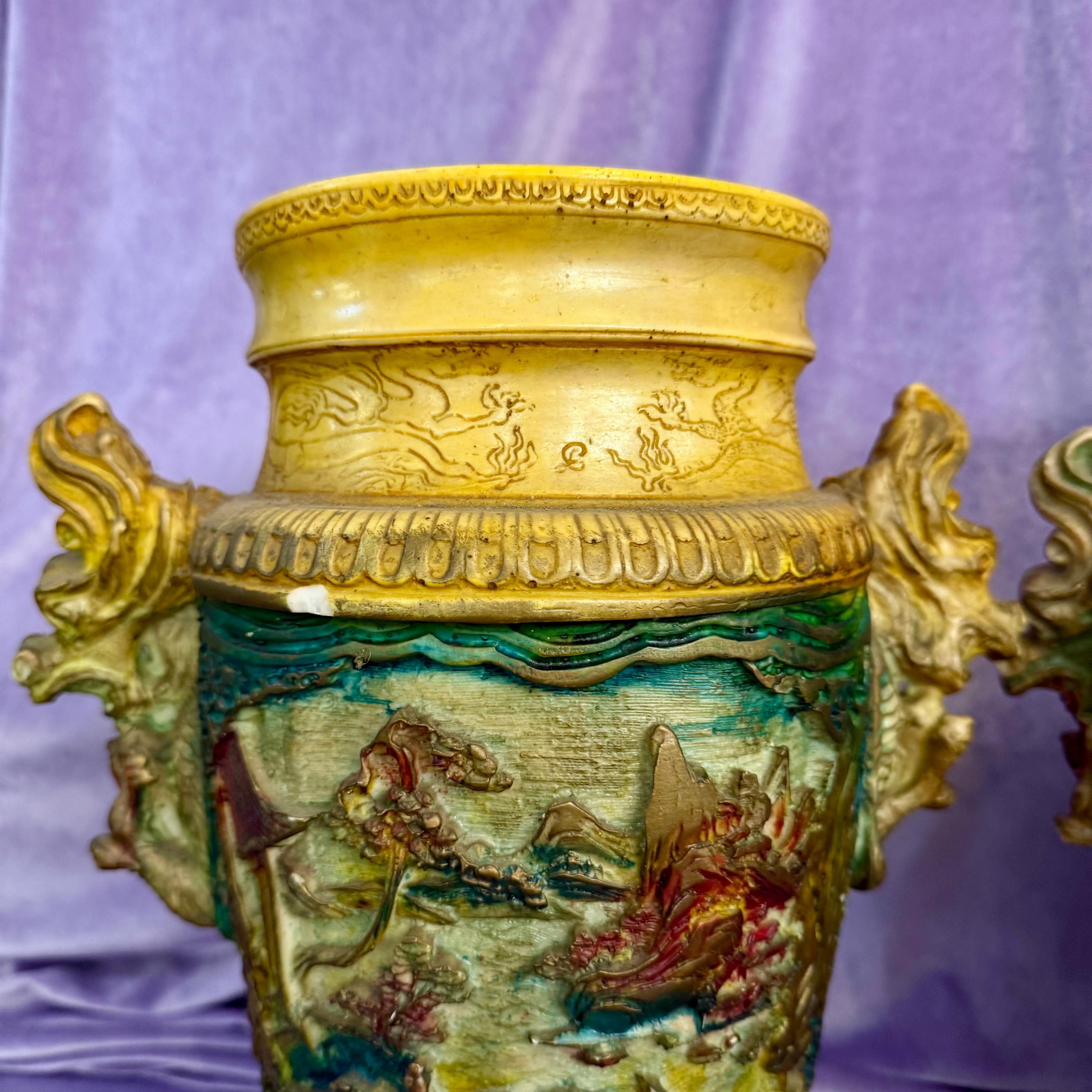 Near Pair Vintage Vases with Dragon Handles and Rustic Village scene