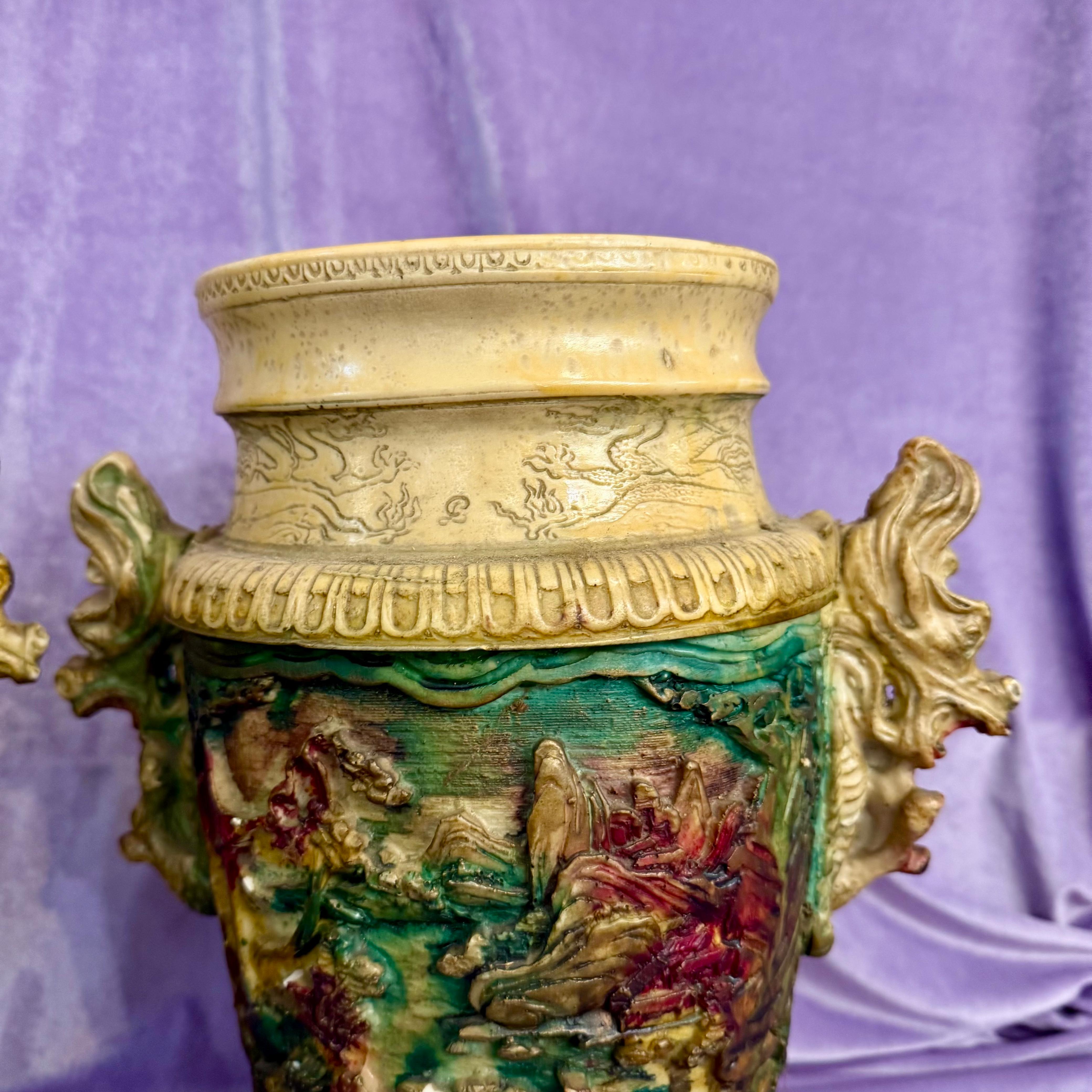 Near Pair Vintage Vases with Dragon Handles and Rustic Village scene