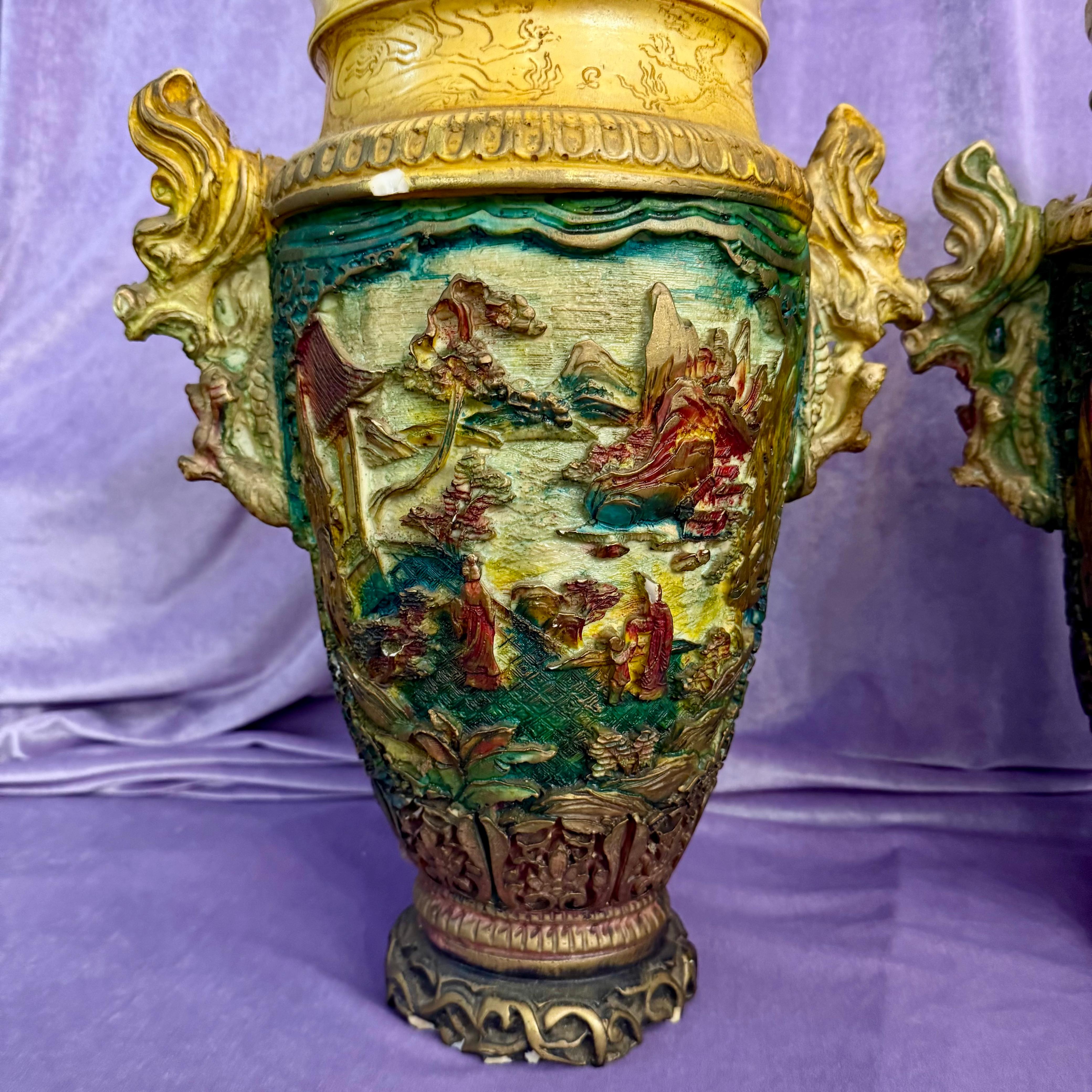 Near Pair Vintage Vases with Dragon Handles and Rustic Village scene