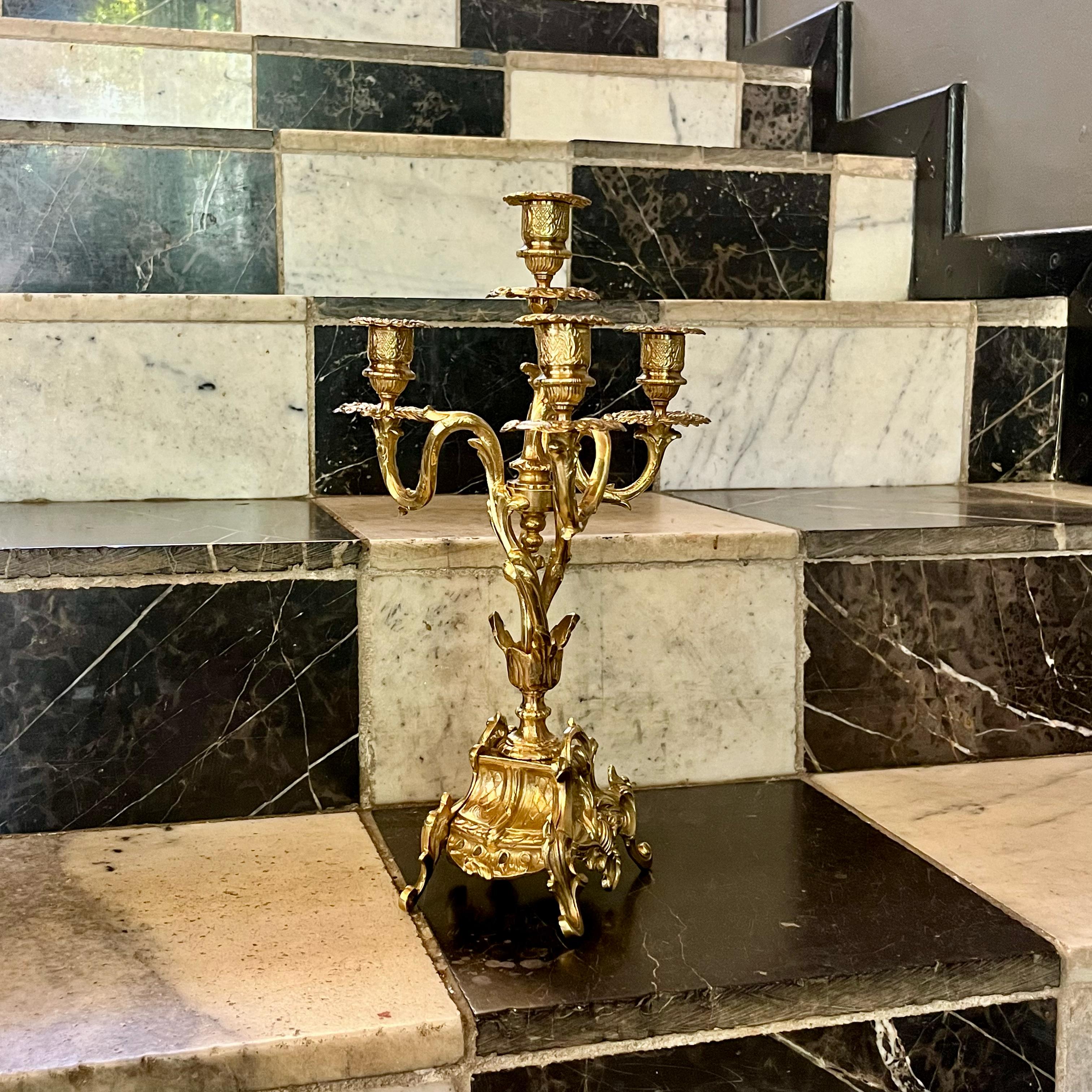 Antique Pair of Polished Brass Candelarbras