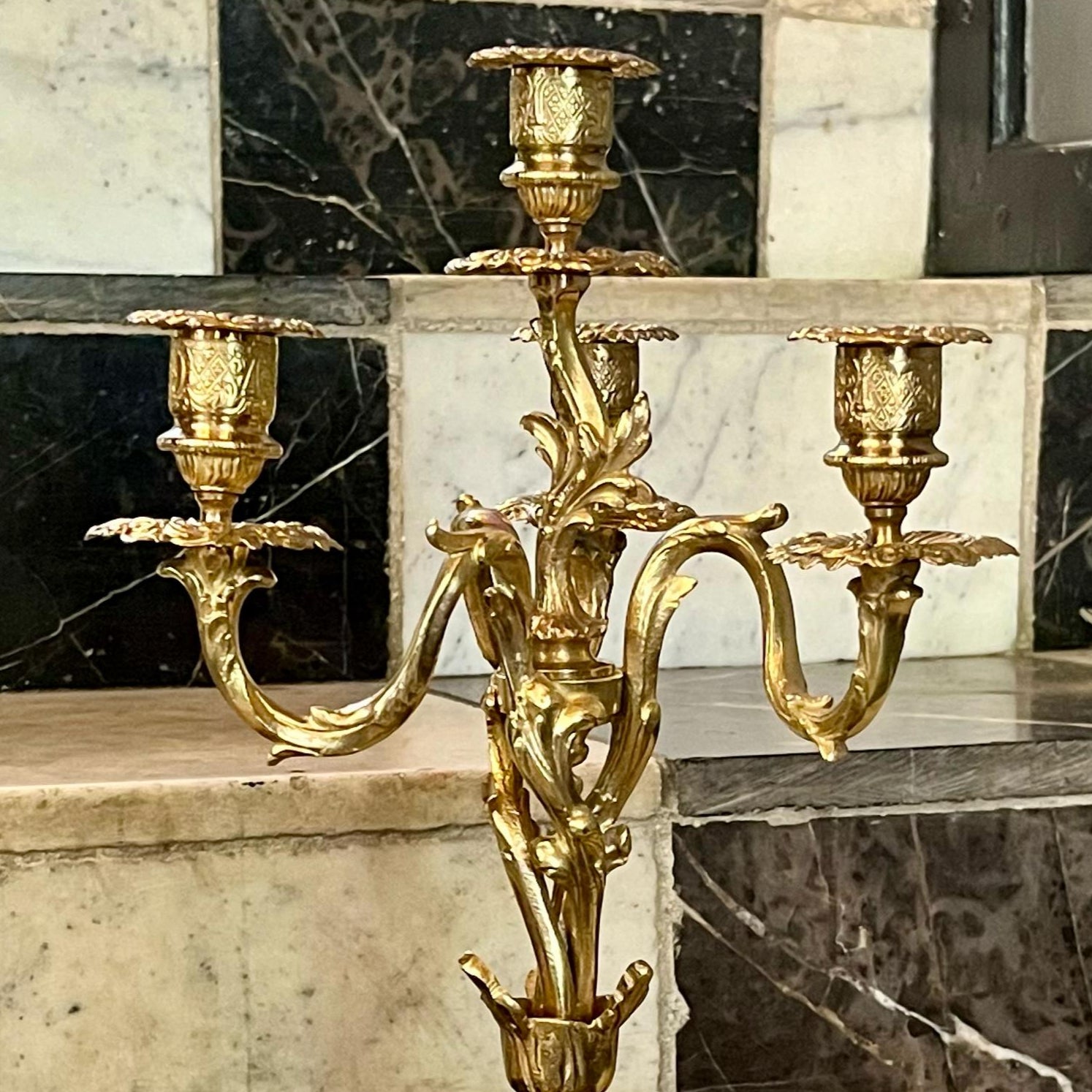 Antique Pair of Polished Brass Candelarbras