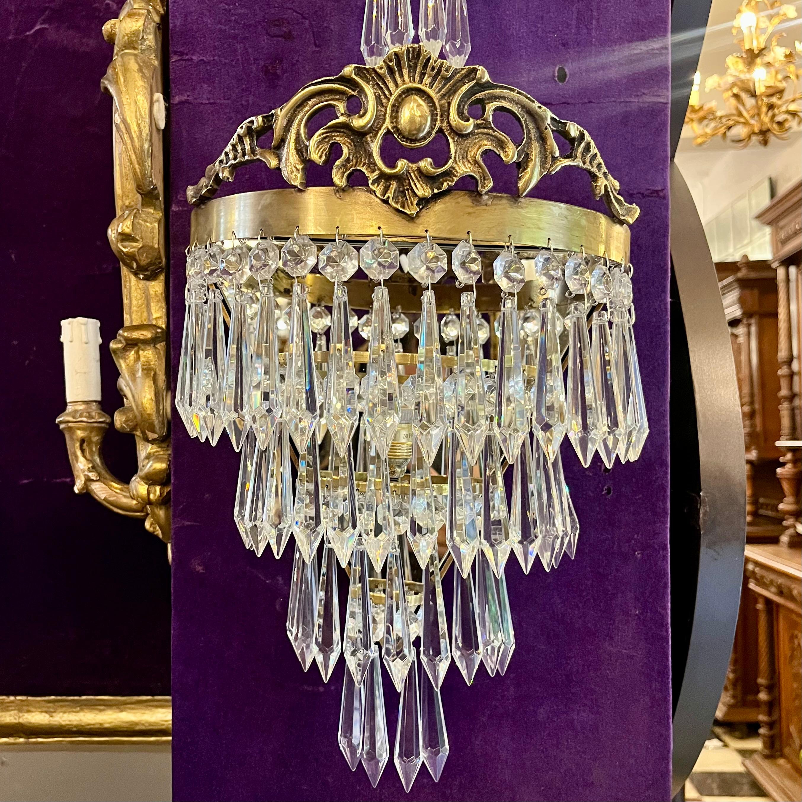 Delos Custom Made Brass and Crystal Waterfall Sconce