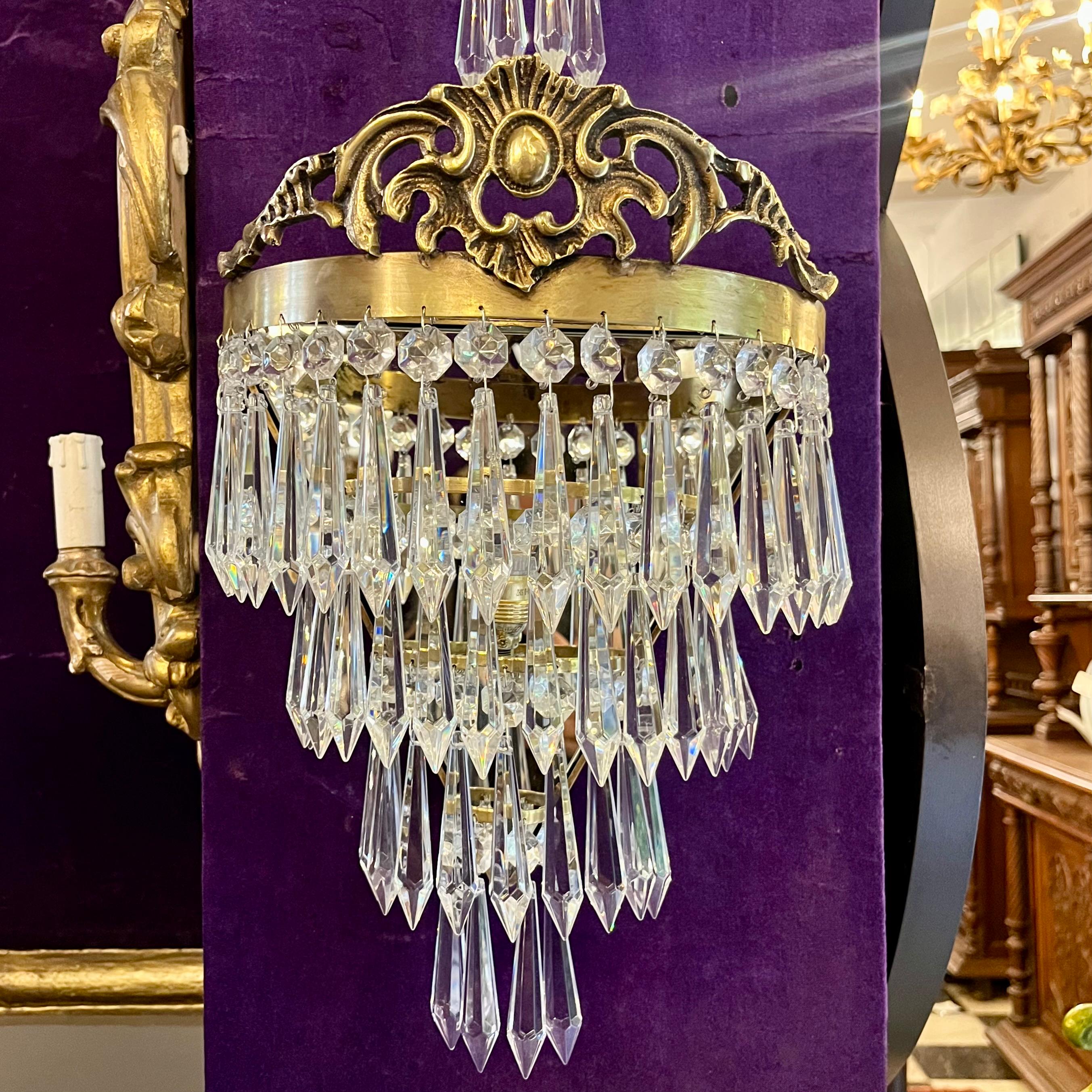 Delos Custom Made Brass and Crystal Waterfall Sconce