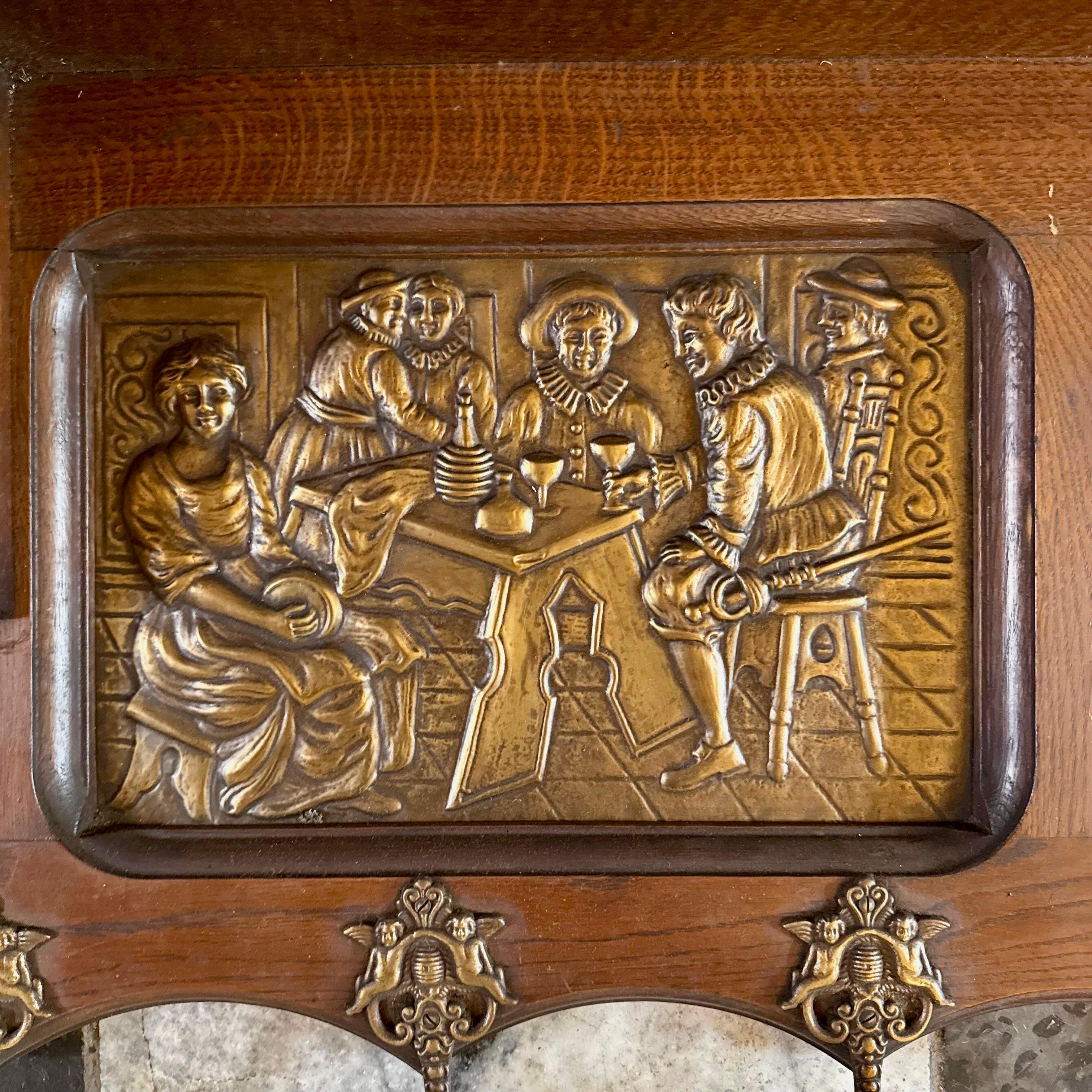 Vintage Oak Coat Rack with Pressed Brass Scenes