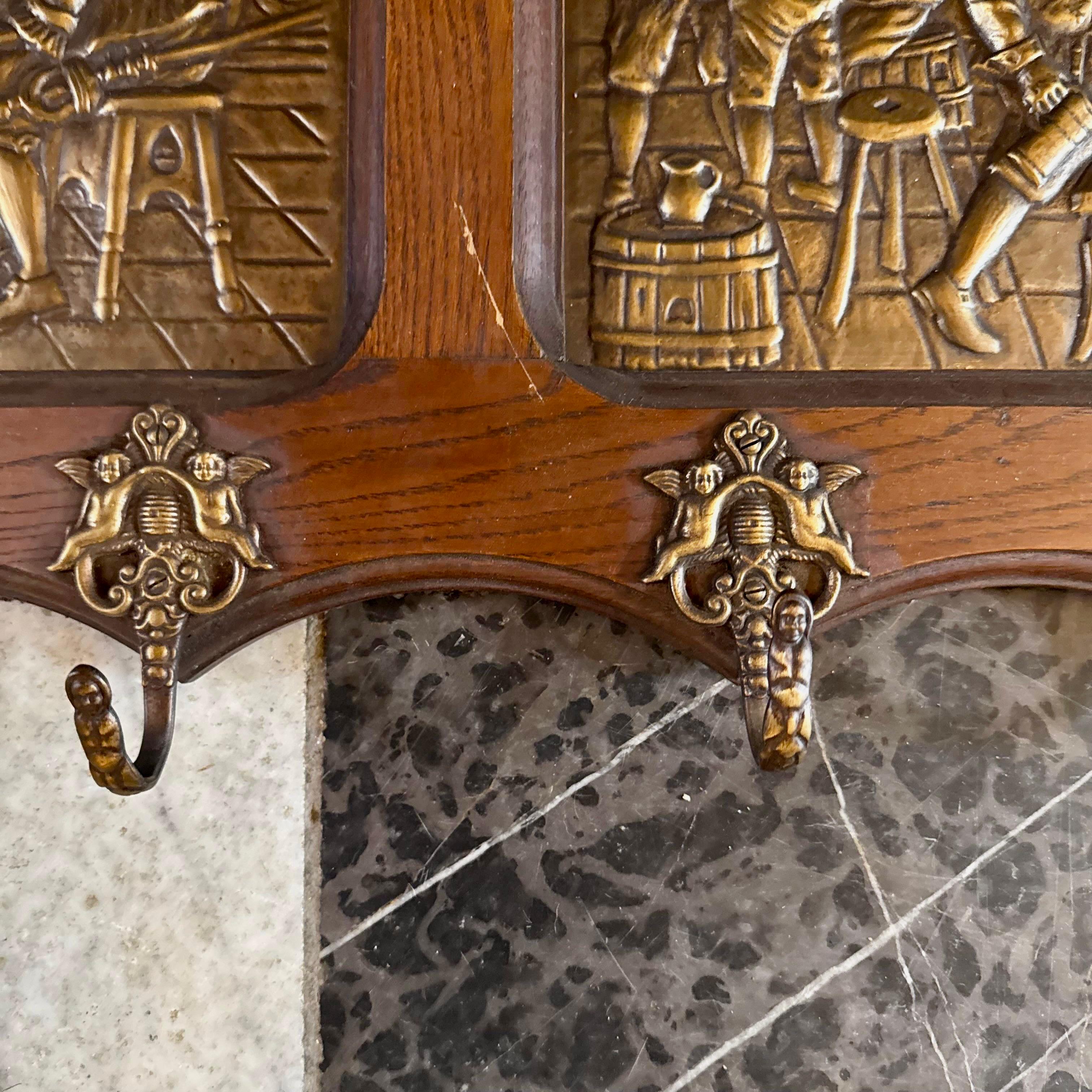 Vintage Oak Coat Rack with Pressed Brass Scenes