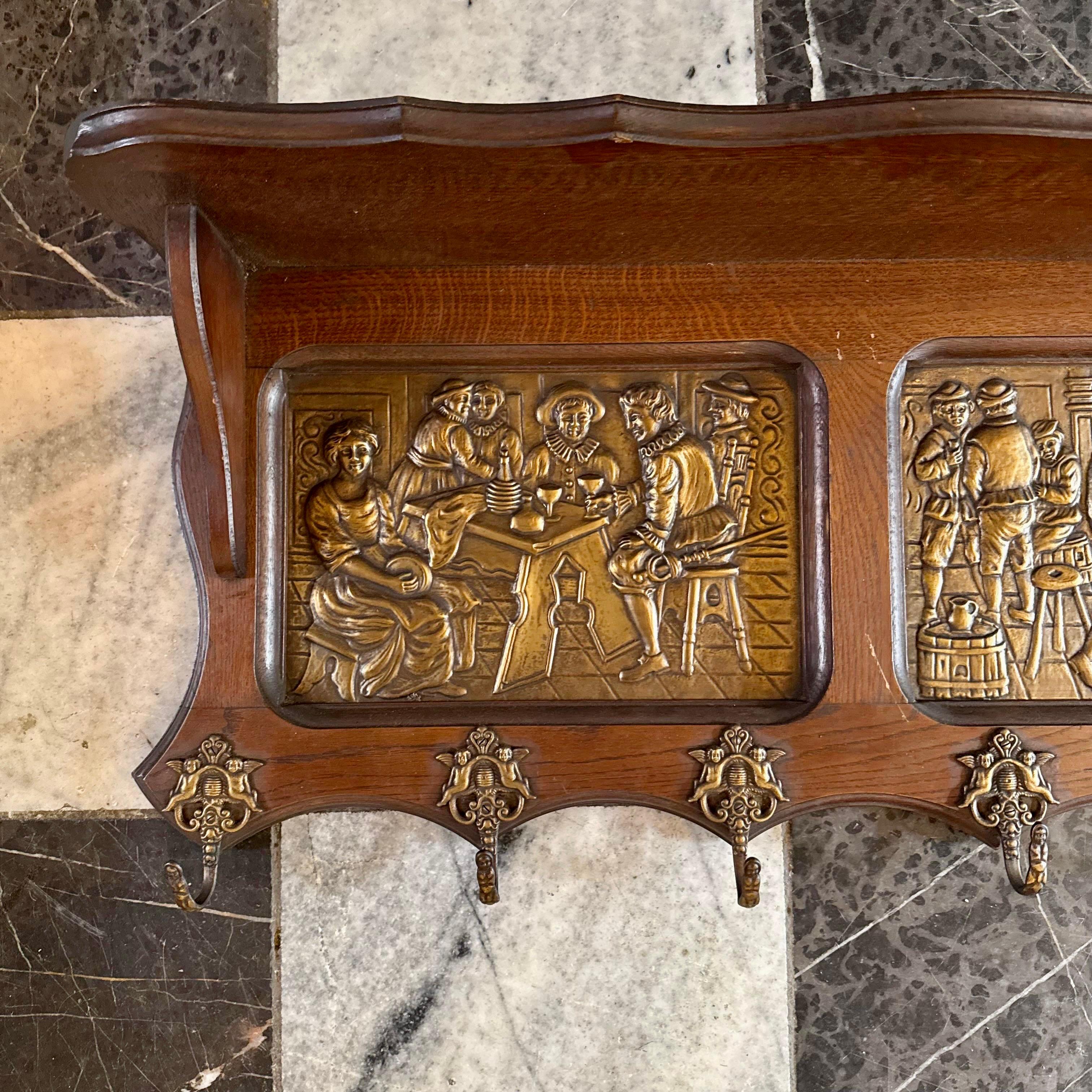 Vintage Oak Coat Rack with Pressed Brass Scenes
