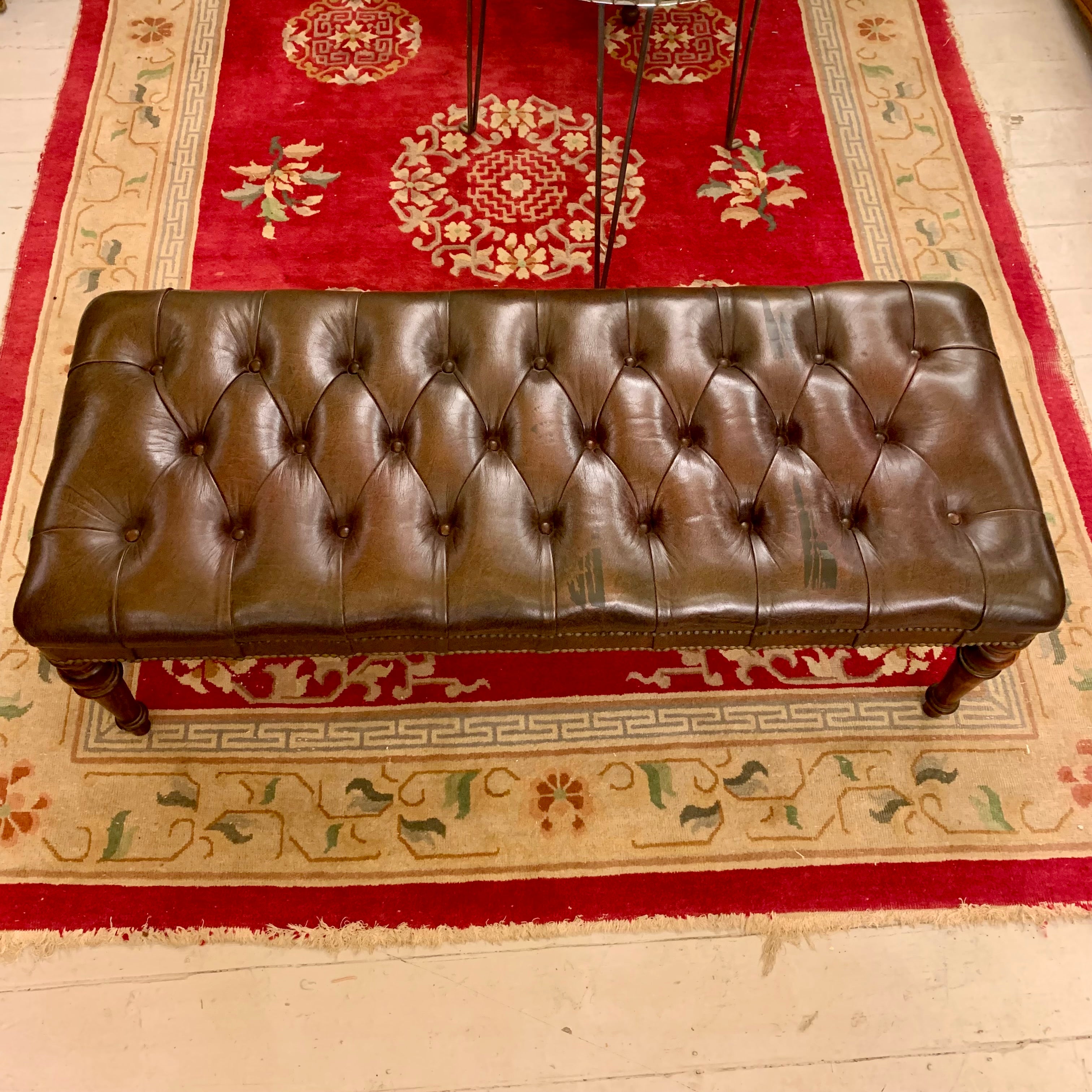 Vintage Deep Button Leather Bench - SOLD